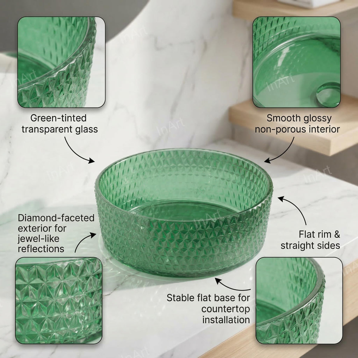 InArt Green Tinted Glass Vessel Sink for Countertop Bathroom Vanities, 15.6 Inch, additional product view 3