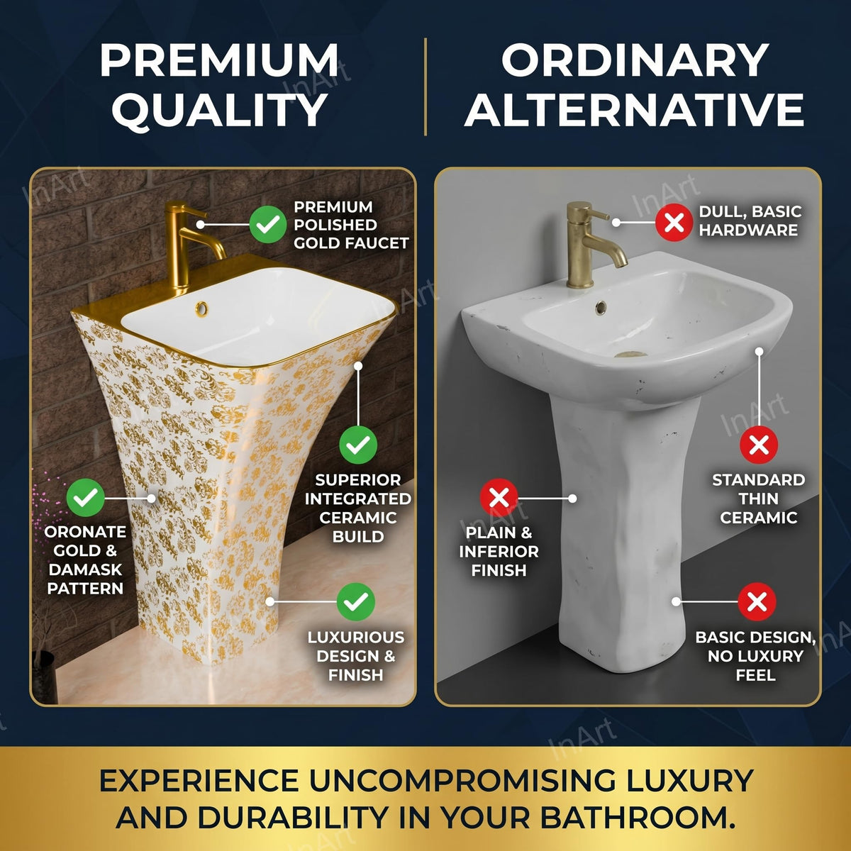 InArt Basin Pedestal Sink - Standing Bathroom Sink Gold White 45x43 CM, additional product view 7