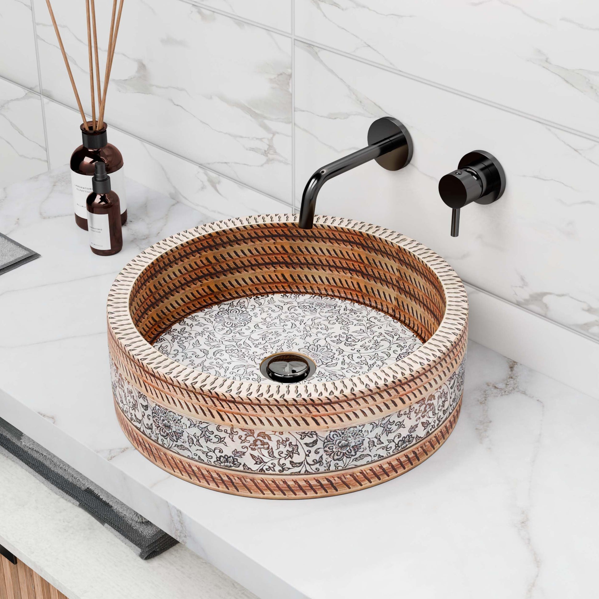 Ceramic vessel sink InArt Moroccan round tabletop wash basin, matte white floral pattern, 16x16x5.5 in