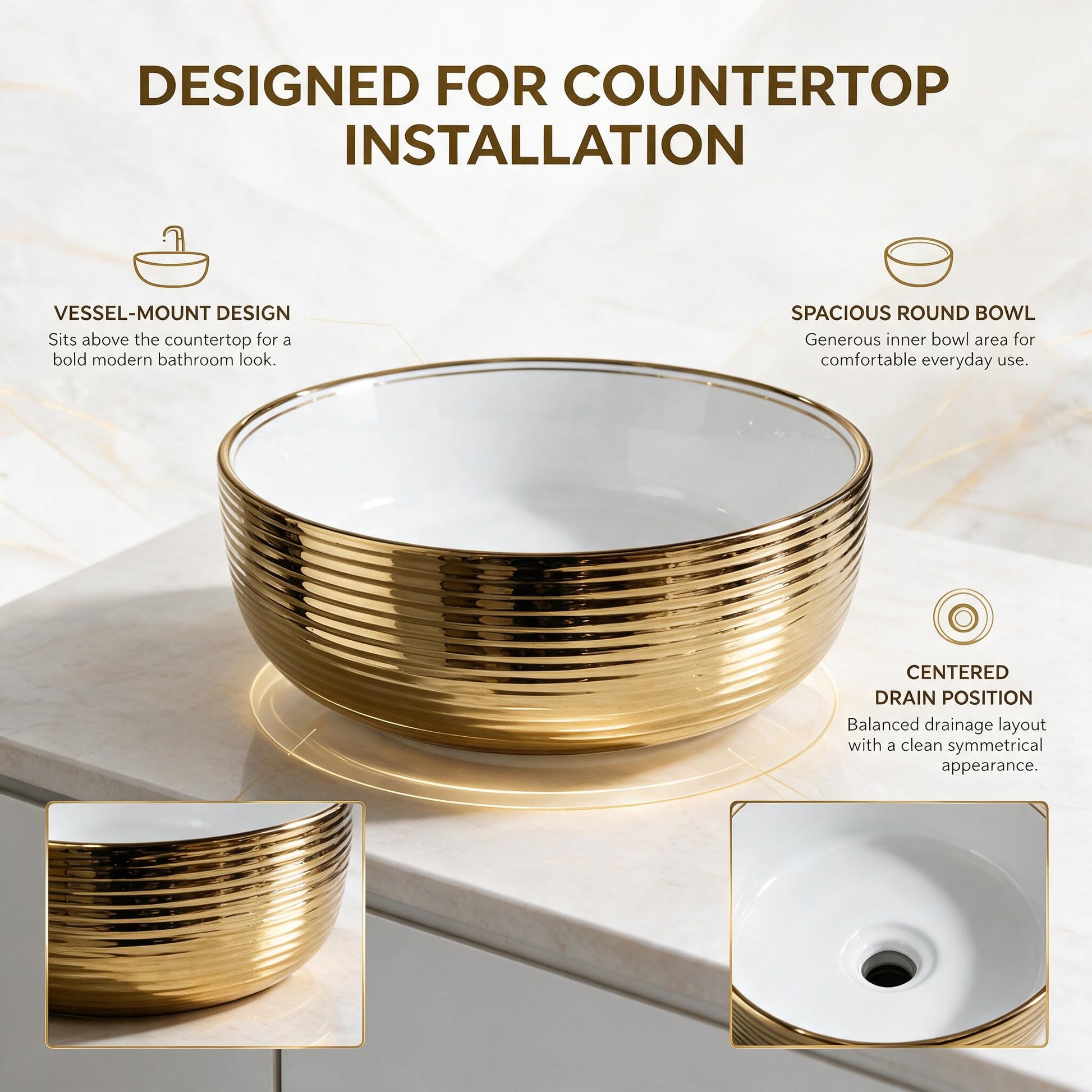 White and Gold Round Ceramic vessel bathroom sink, additional product view 8