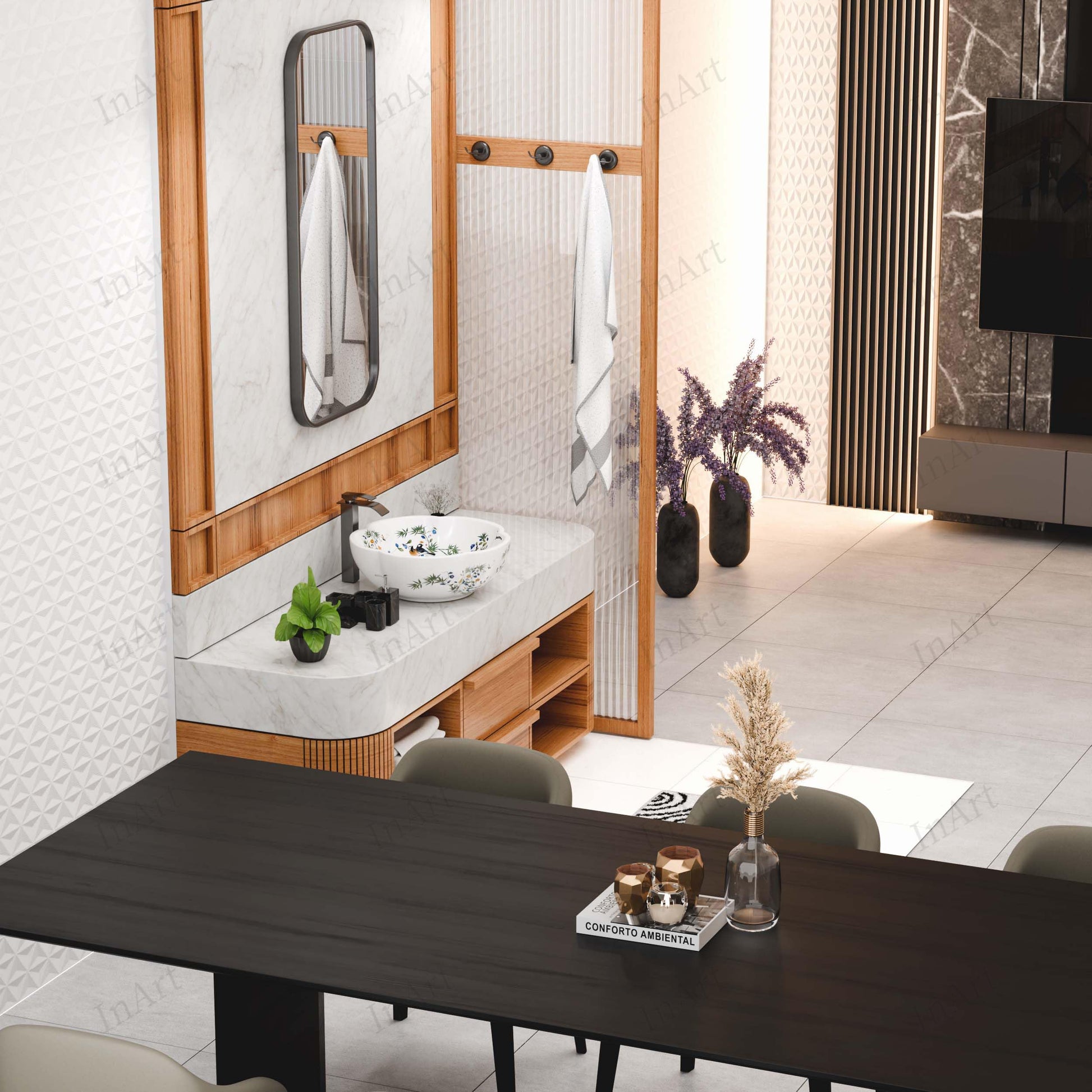 Restroom sink bowl drain opening detail, round ceramic vessel basin in glossy white floral design
