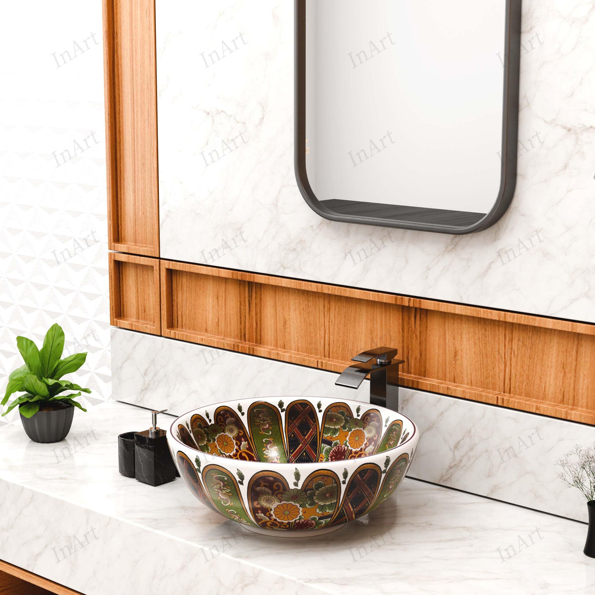 Bathroom countertop for vessel sink styling, InArt ceramic round bowl sink with vibrant Moroccan pattern