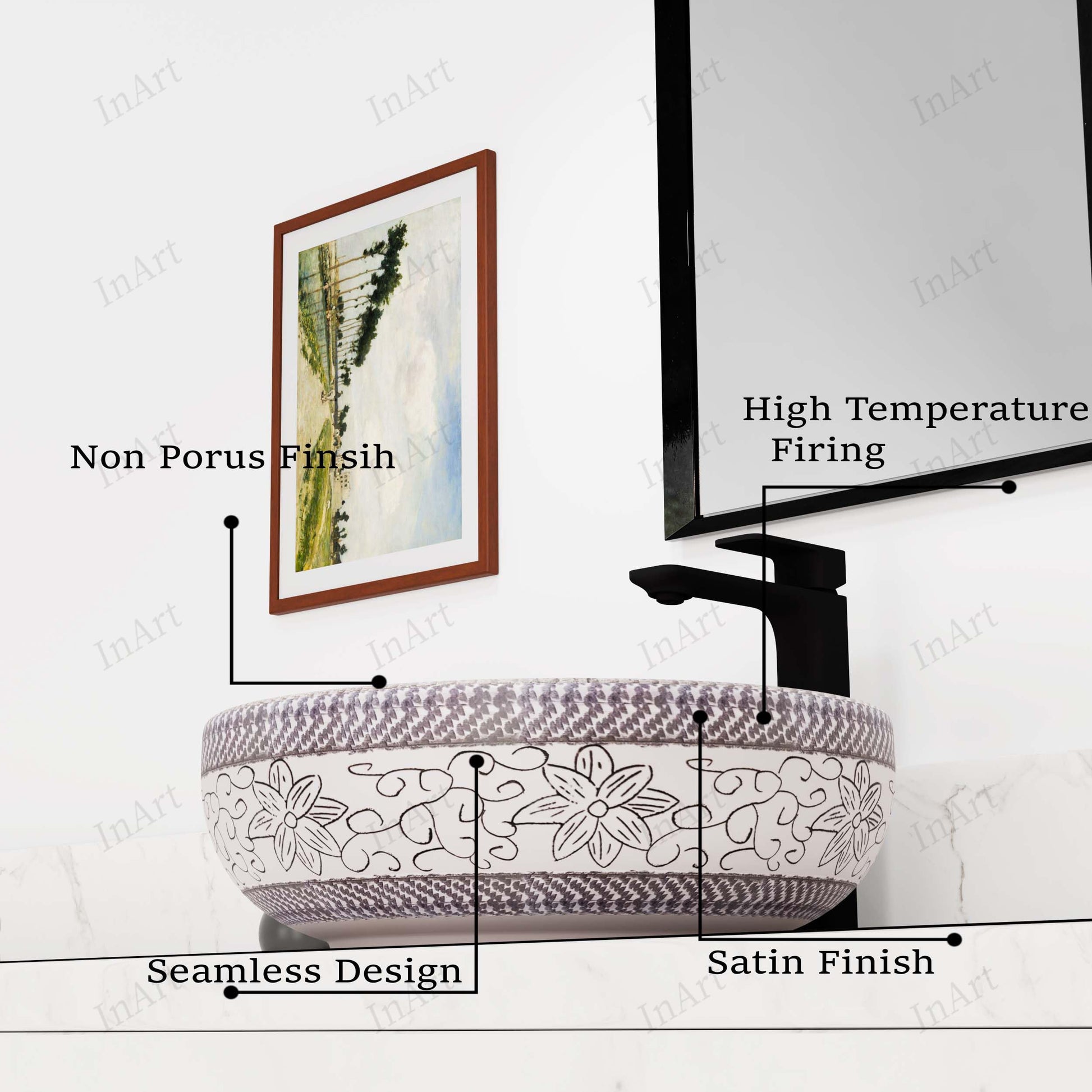 InArt Ash Gray/White Ceramic Round Vessel Sink – Satin Finish Patterned Exterior, 16", additional product view 3