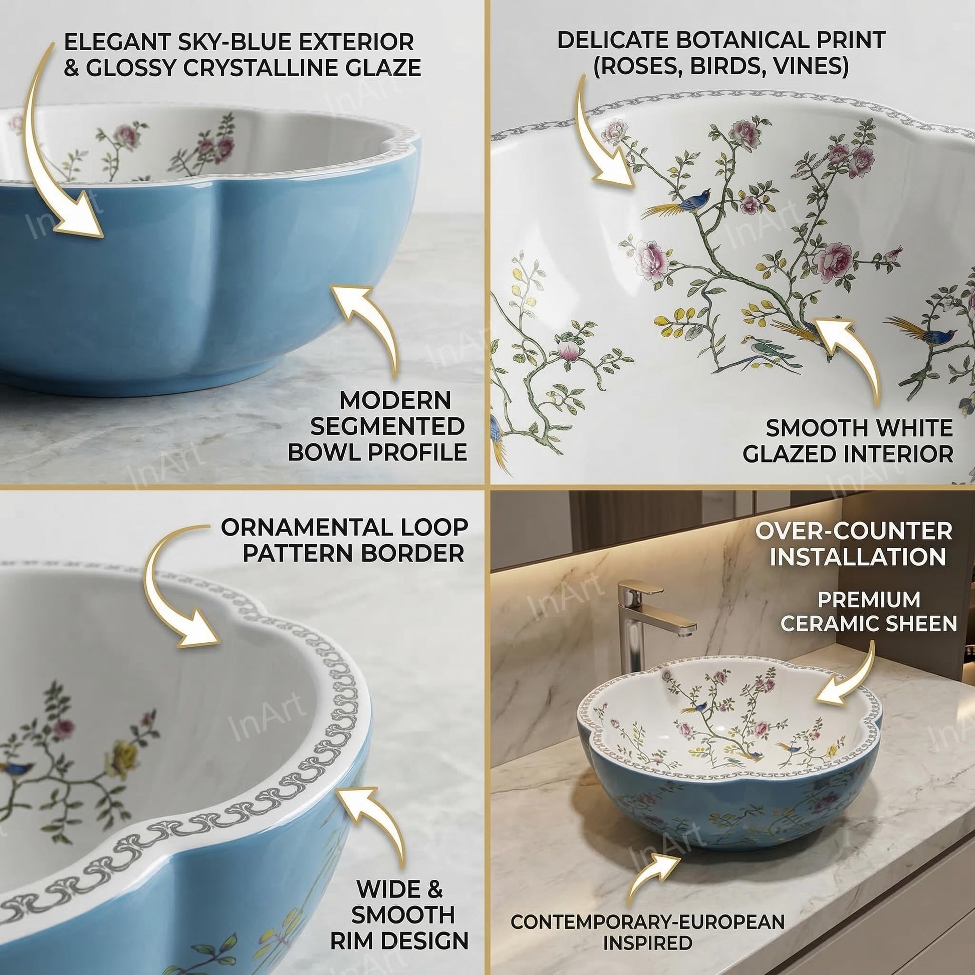 InArt Glossy Light Blue Ceramic Round Vessel Sinks – Scalloped Rim, 16", additional product view 3