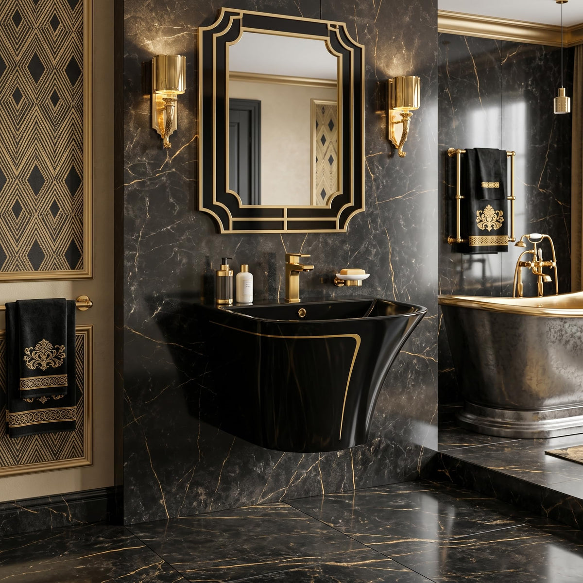 InArt Glossy Black Wall-Mounted Ceramic Bathroom Sink with Half Pedestal, 21.3 Inch, additional product view 8