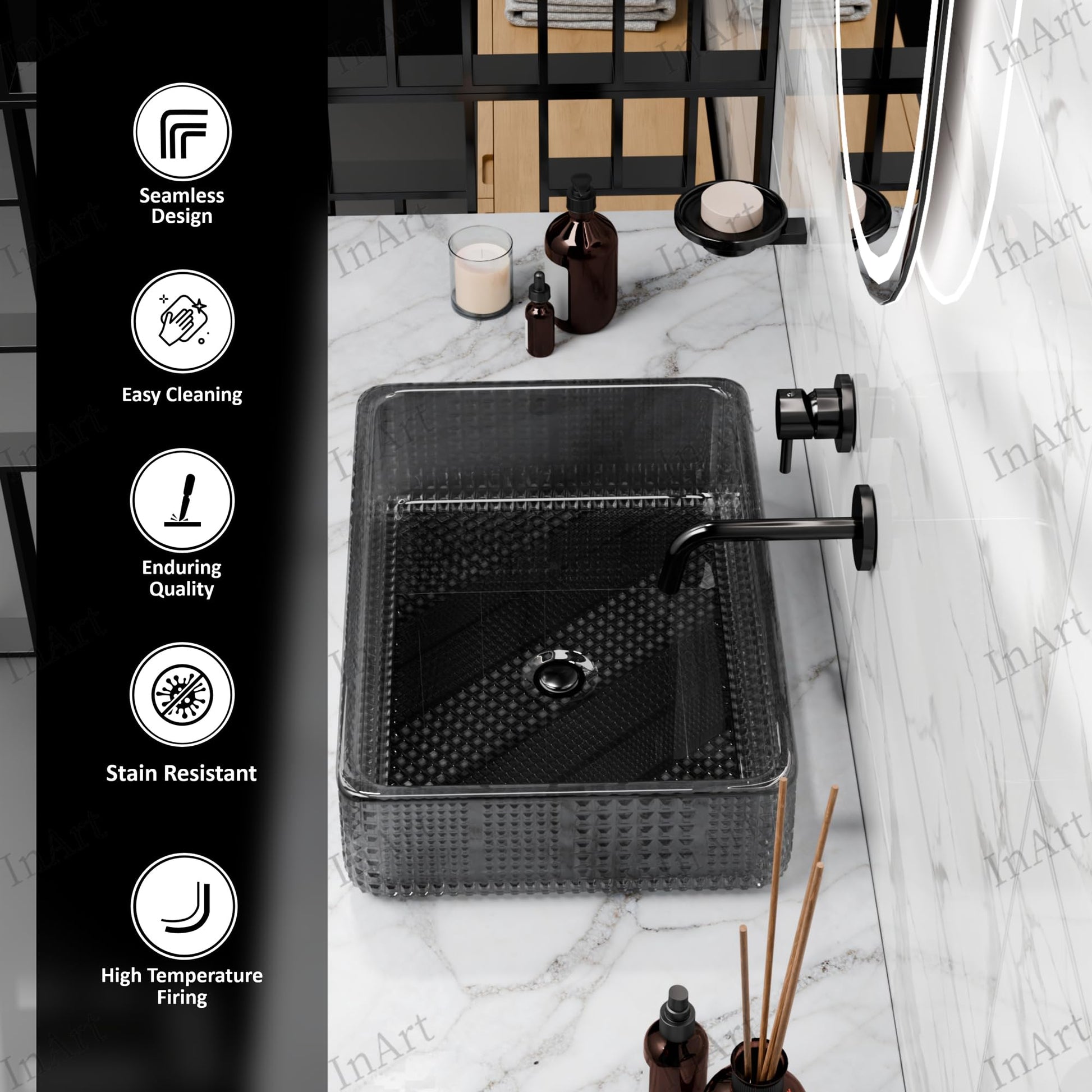 InArt Smoked Black Tempered Glass Rectangular Vessel Sink – Textured Design, 18.11"x12.99", additional product view 8