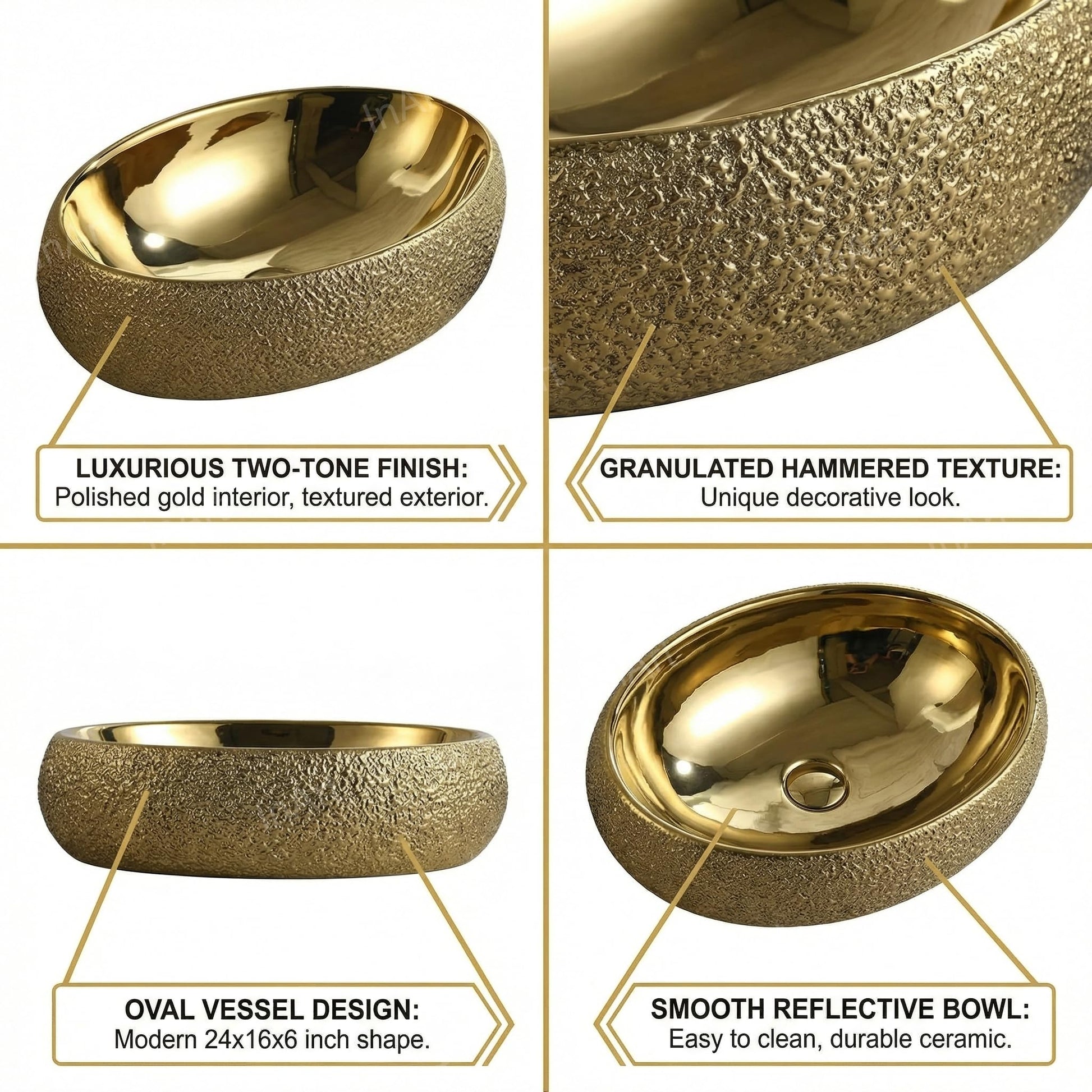 Vessel sink in bathroom top view, oval ceramic gold finish bathroom sink bowl for vanity countertop