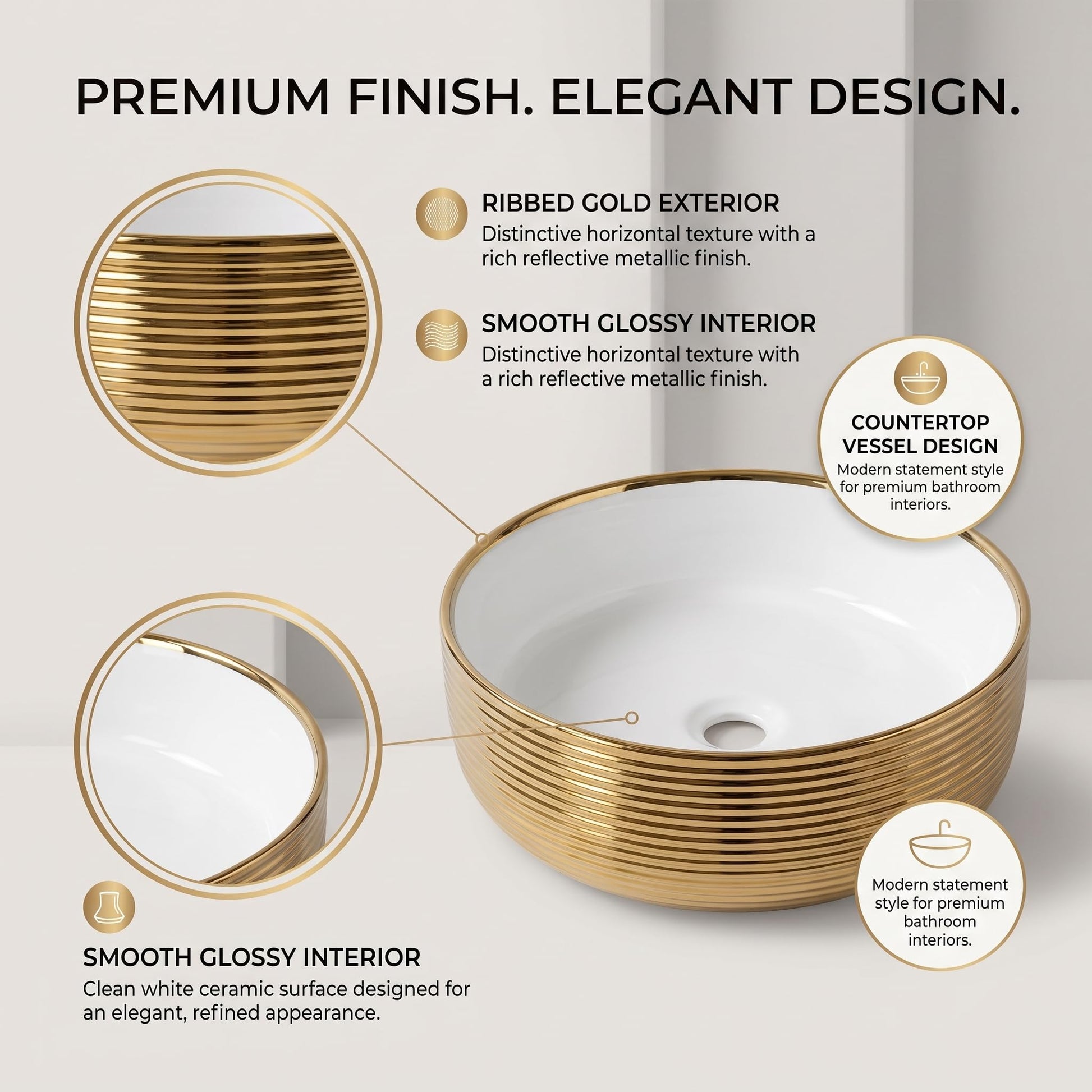 White and Gold Round Ceramic vessel bathroom sink, additional product view 2