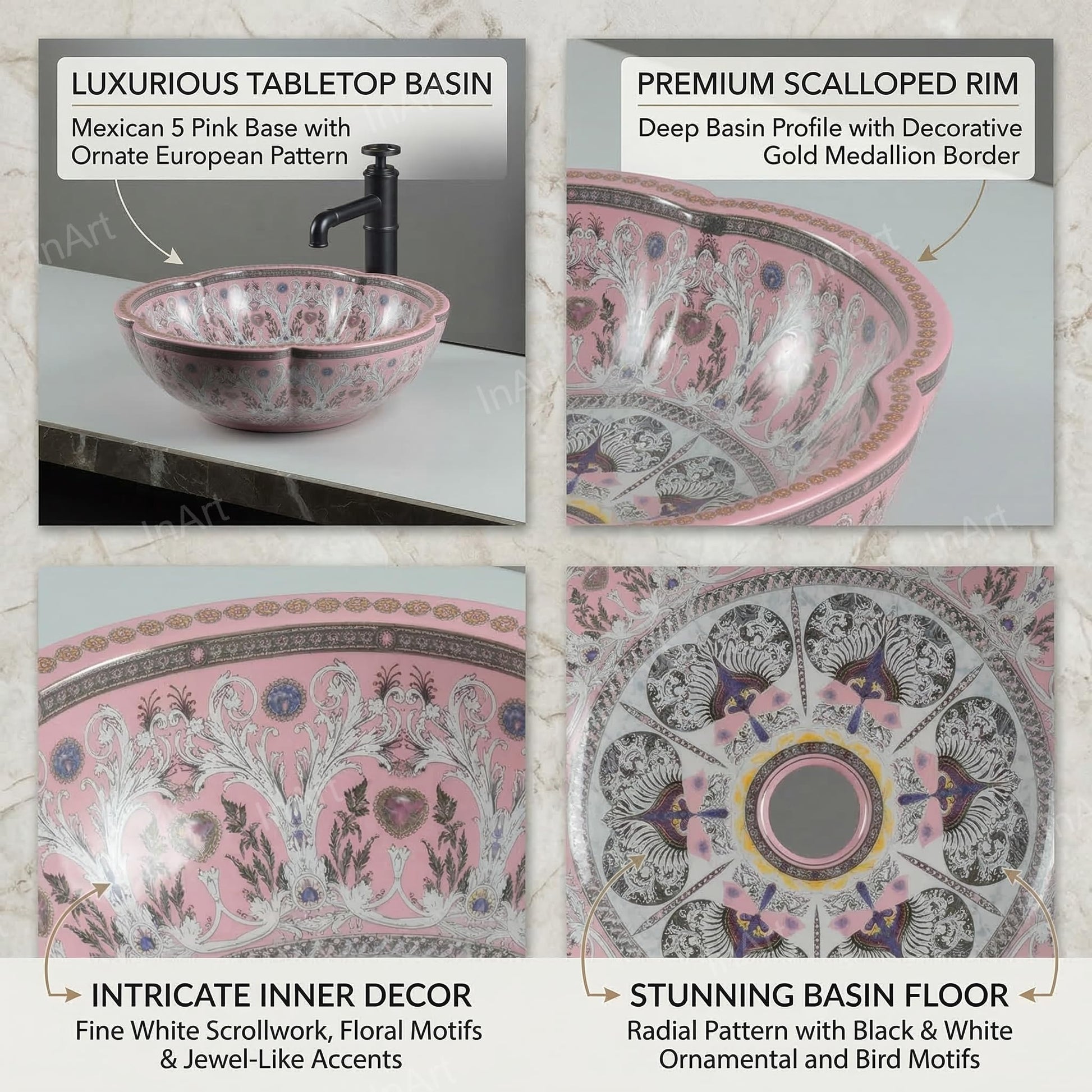 InArt Glossy Pink Ceramic Round Vessel Sink – Sink on Top of Vanity, 16" Scalloped, additional product view 3