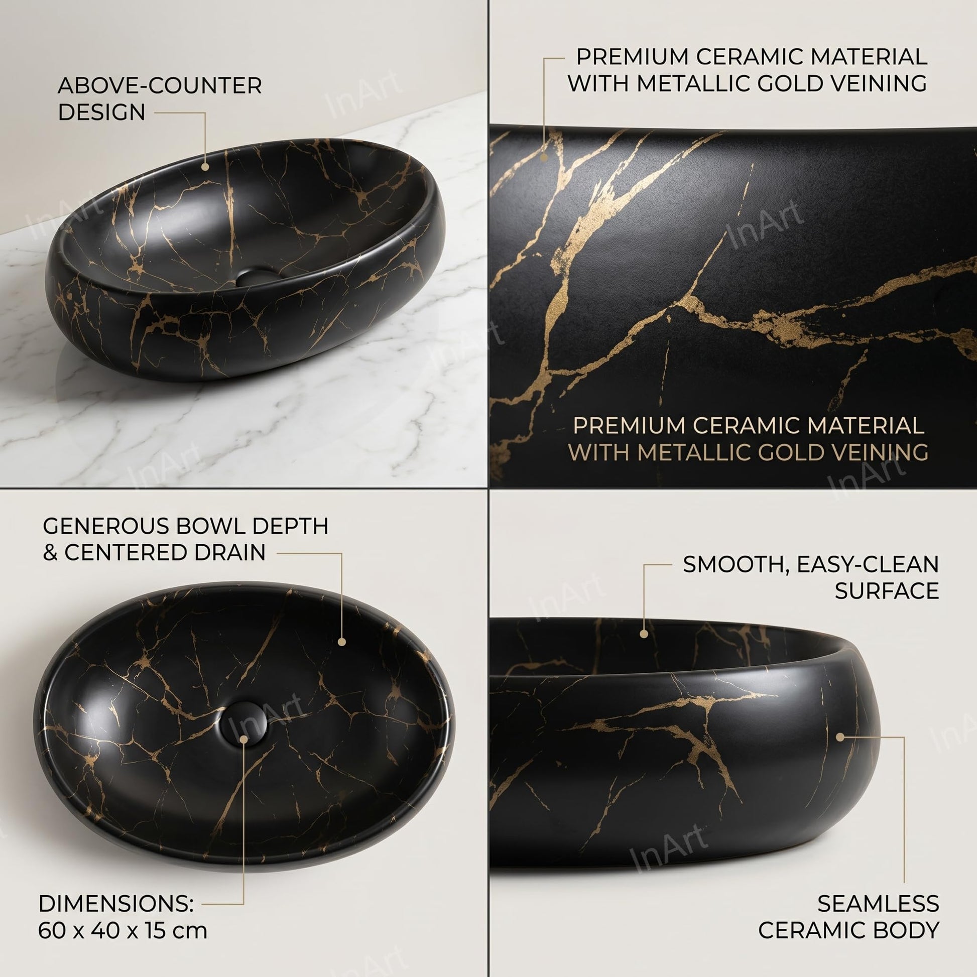 Black and Gold Round Ceramic vessel bathroom sink, additional product view 3