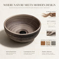 Natural wood-inspired ceramic vessel sink with soft curves and matte surface details