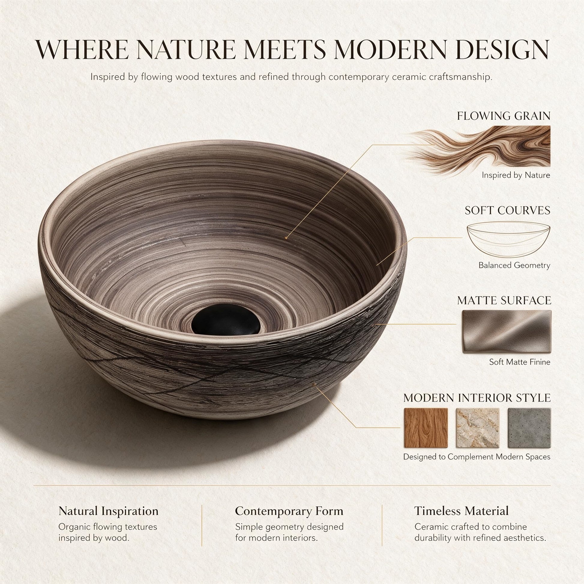 Natural wood-inspired ceramic vessel sink with soft curves and matte surface details