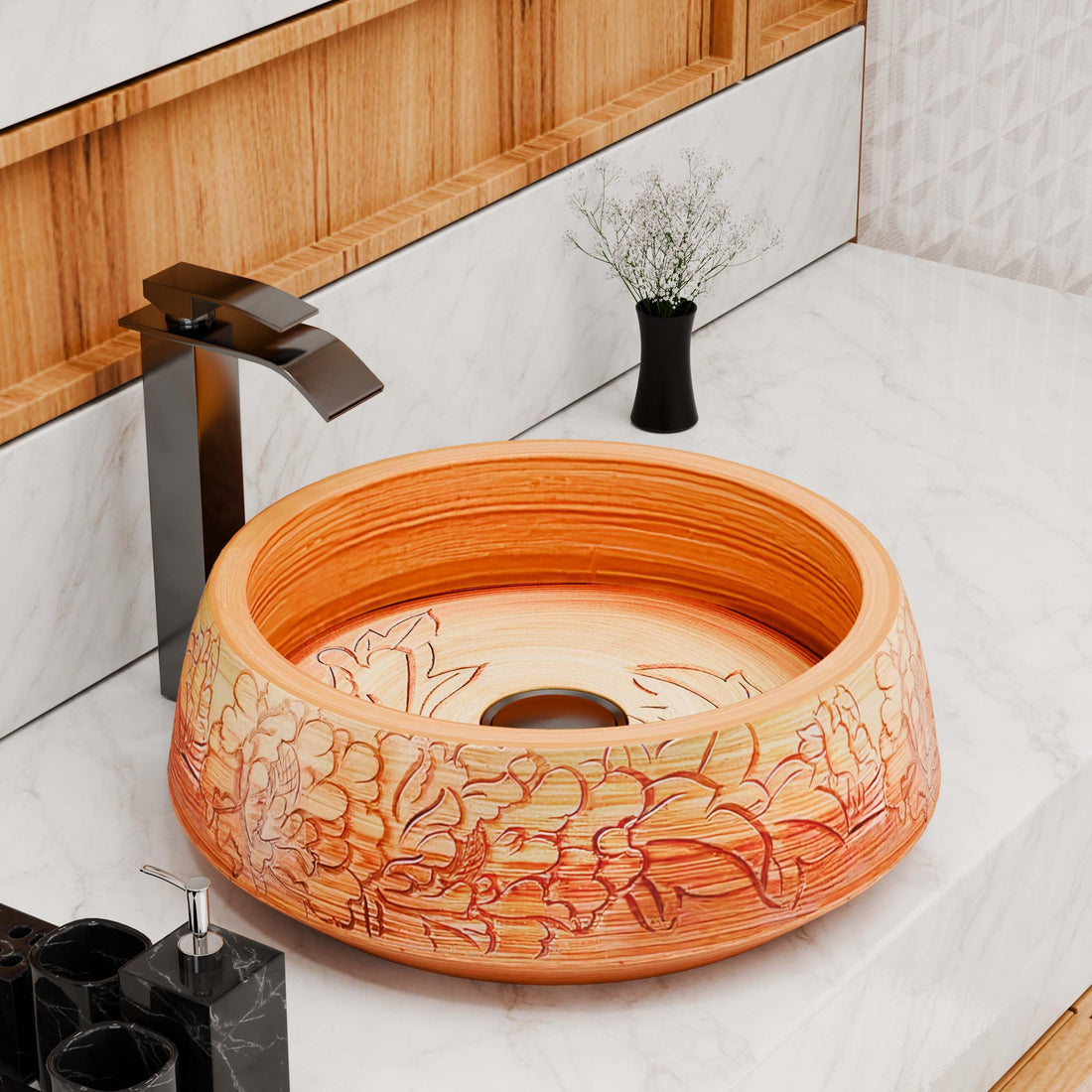 Vessel sinks InArt wood-look square ceramic vessel sink 42cm tabletop wash basin for bathroom vanity