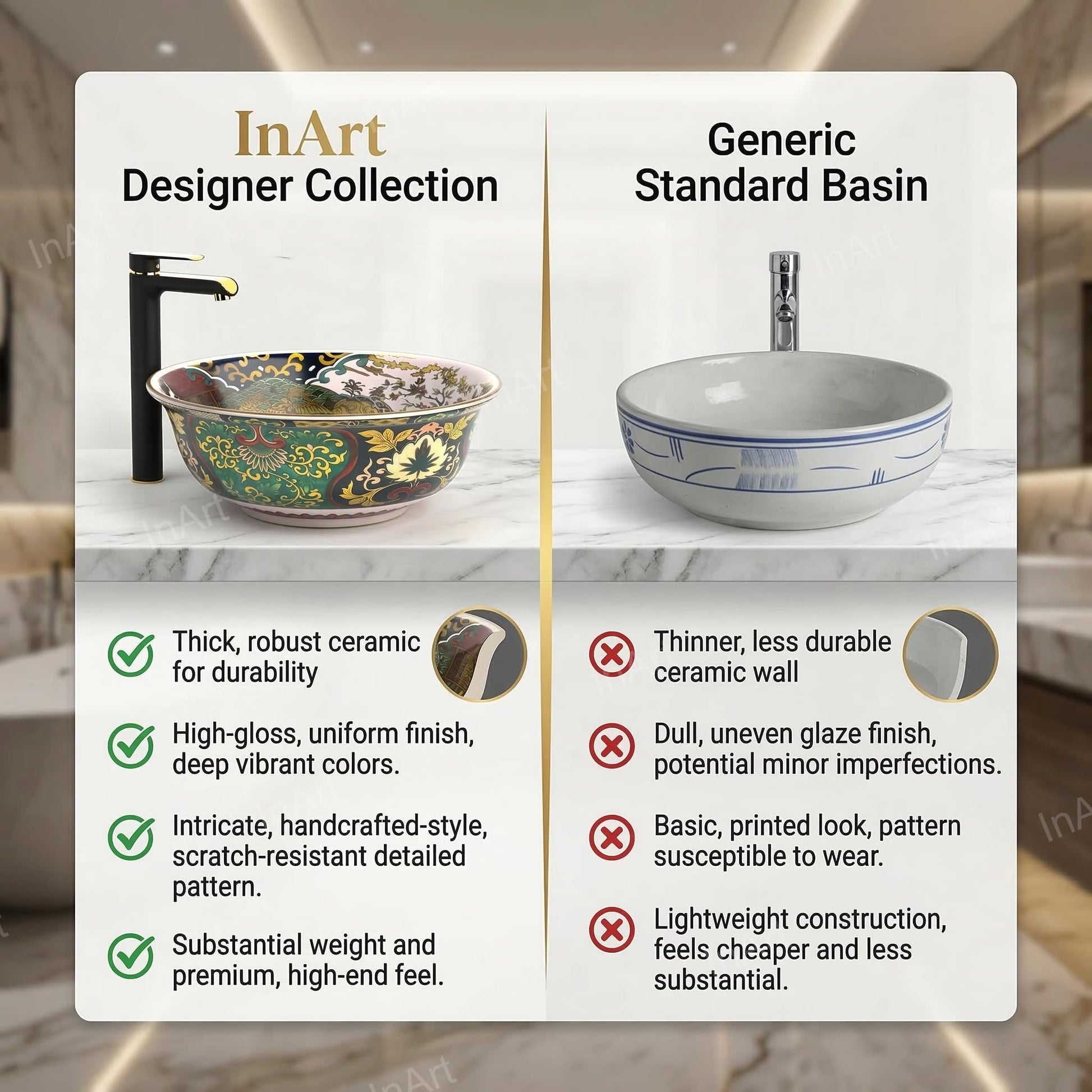 InArt Glossy Multicolor Ceramic Round Vessel Sink – Gold Rim Accent, 16.5", additional product view 7