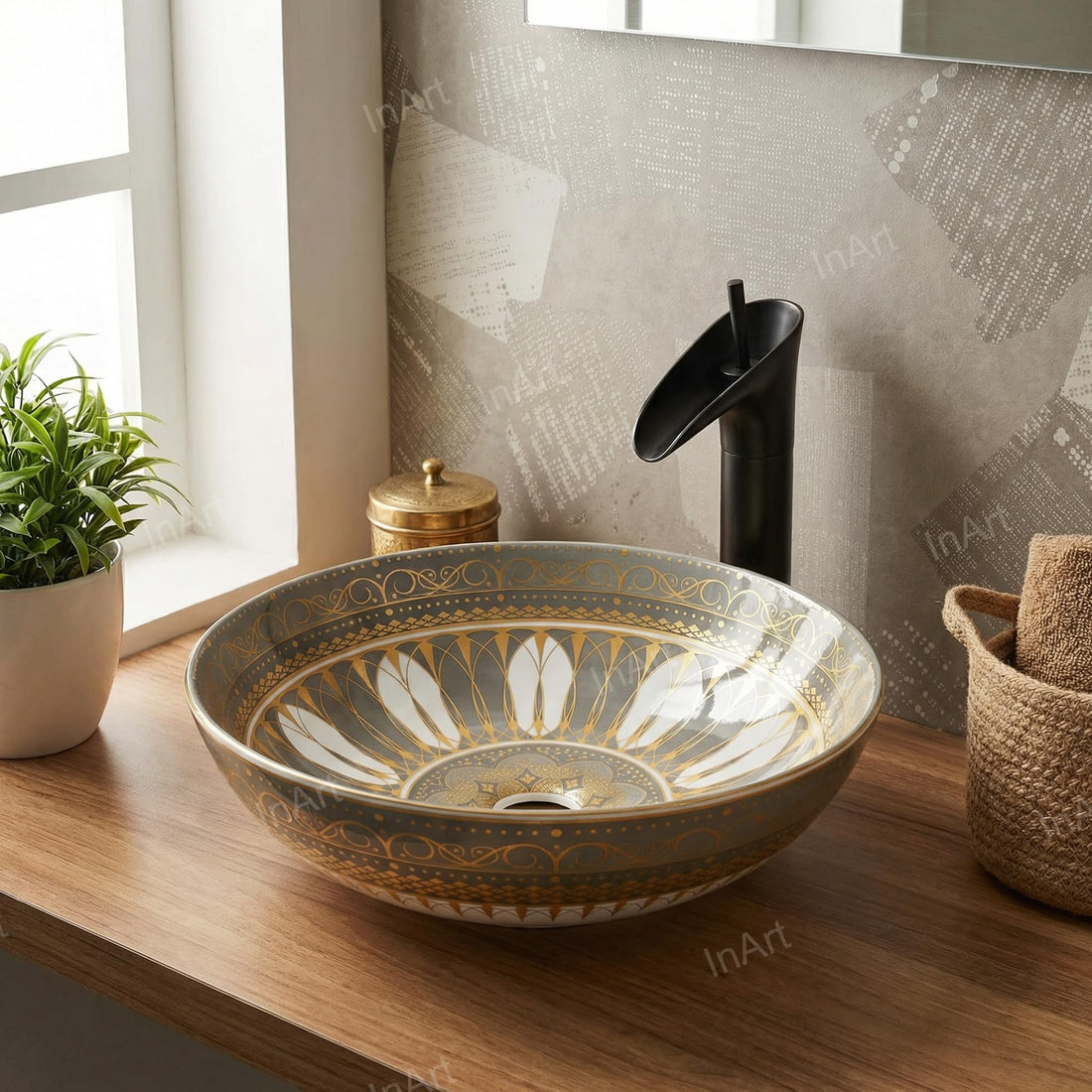 Vessel bowl vanity InArt green Mexican design square ceramic tabletop wash basin 40.5 x 40.5 cm