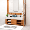 Modern bathroom vanity sink on top of vanity with glossy blue floral ceramic round vessel sink, side angle