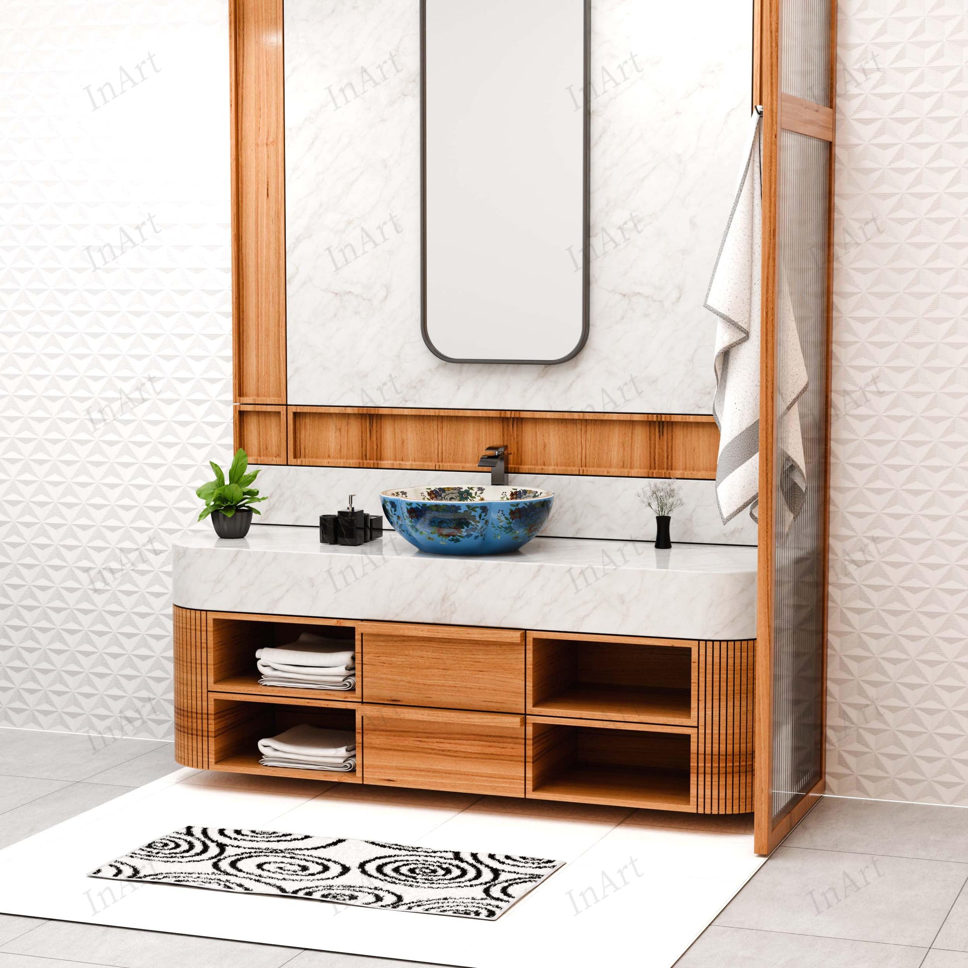 Modern bathroom vanity sink on top of vanity with glossy blue floral ceramic round vessel sink, side angle