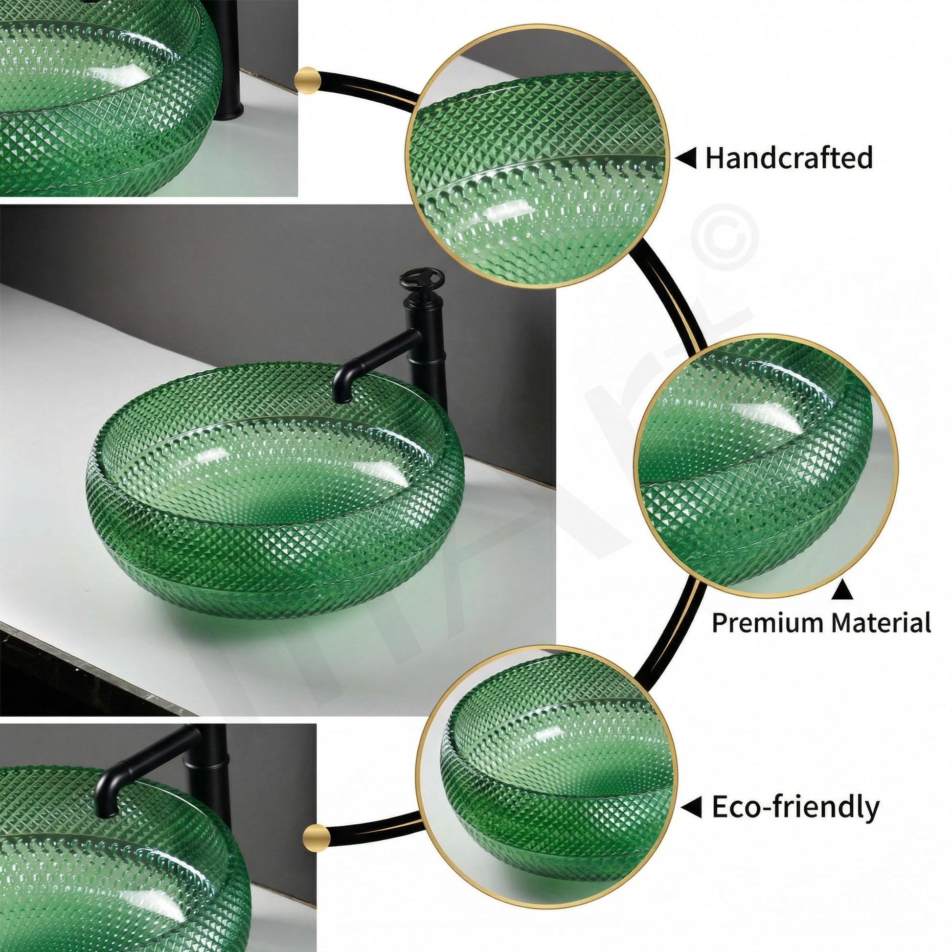Over counter bathroom sink, square tempered glass vessel sink in glossy green, front angle on vanity top