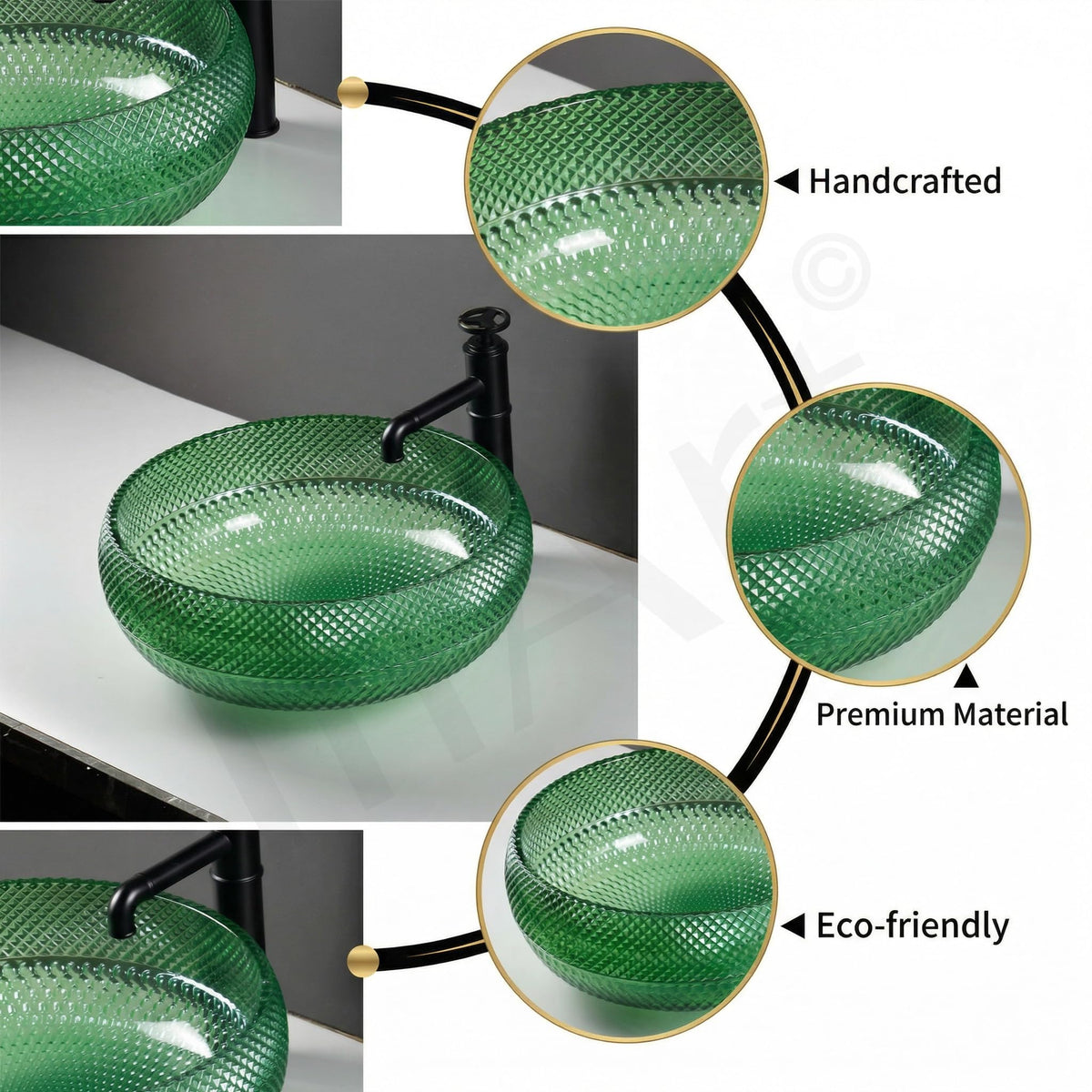 InArt Green Glass Round Vessel Sink – Diamond-Cut Faceted Bowl, 16.5", additional product view 6
