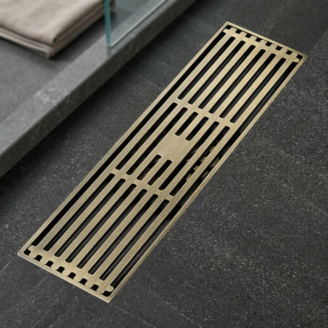 InArt Antique Brass Brass Shower Grate Drain – Self-Closing Trap Core, 12" Linear