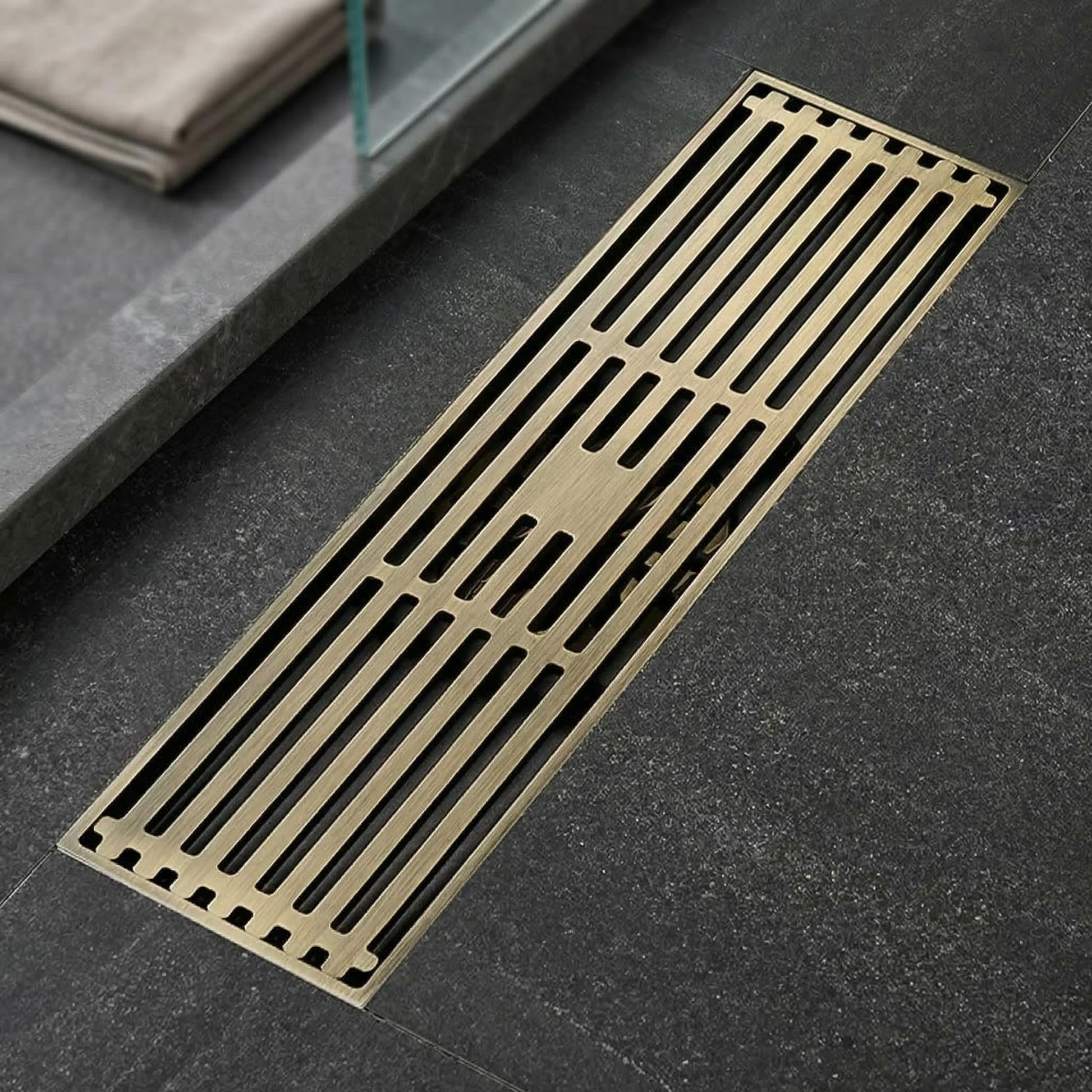 InArt Antique Brass Brass Shower Grate Drain – Self-Closing Trap Core, 12" Linear