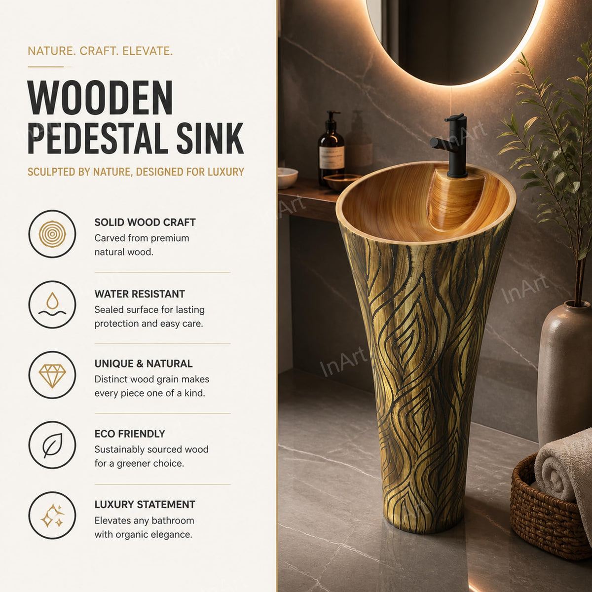 InArt Basin Pedestal Sink - Standing Bathroom Sink Wooden 38x38 CM, additional product view 3