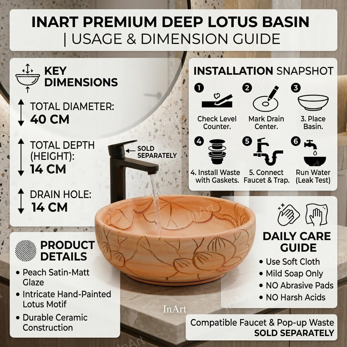 InArt Vessel Sinks for Bathroom – 15.75" Ceramic Round, Peach Beige Floral Line Art, additional product view 6