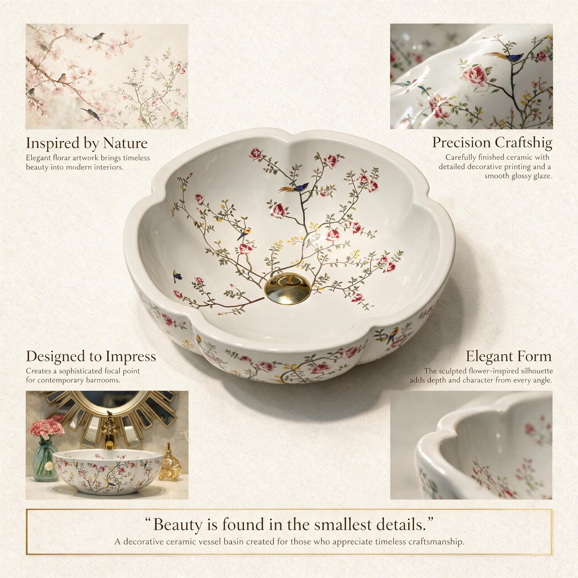 White and Multicolor Flower-Shaped Round Ceramic vessel bathroom sink, additional product view 6