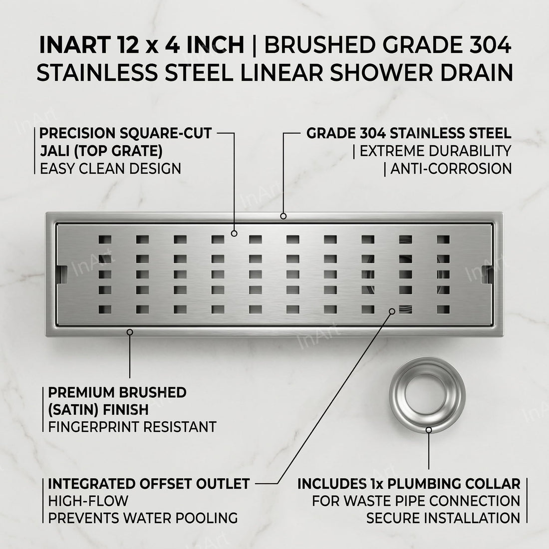 InArt Brushed 304 Stainless Steel Linear Shower Drain Stainless Steel – 12" x 4", Side Outlet