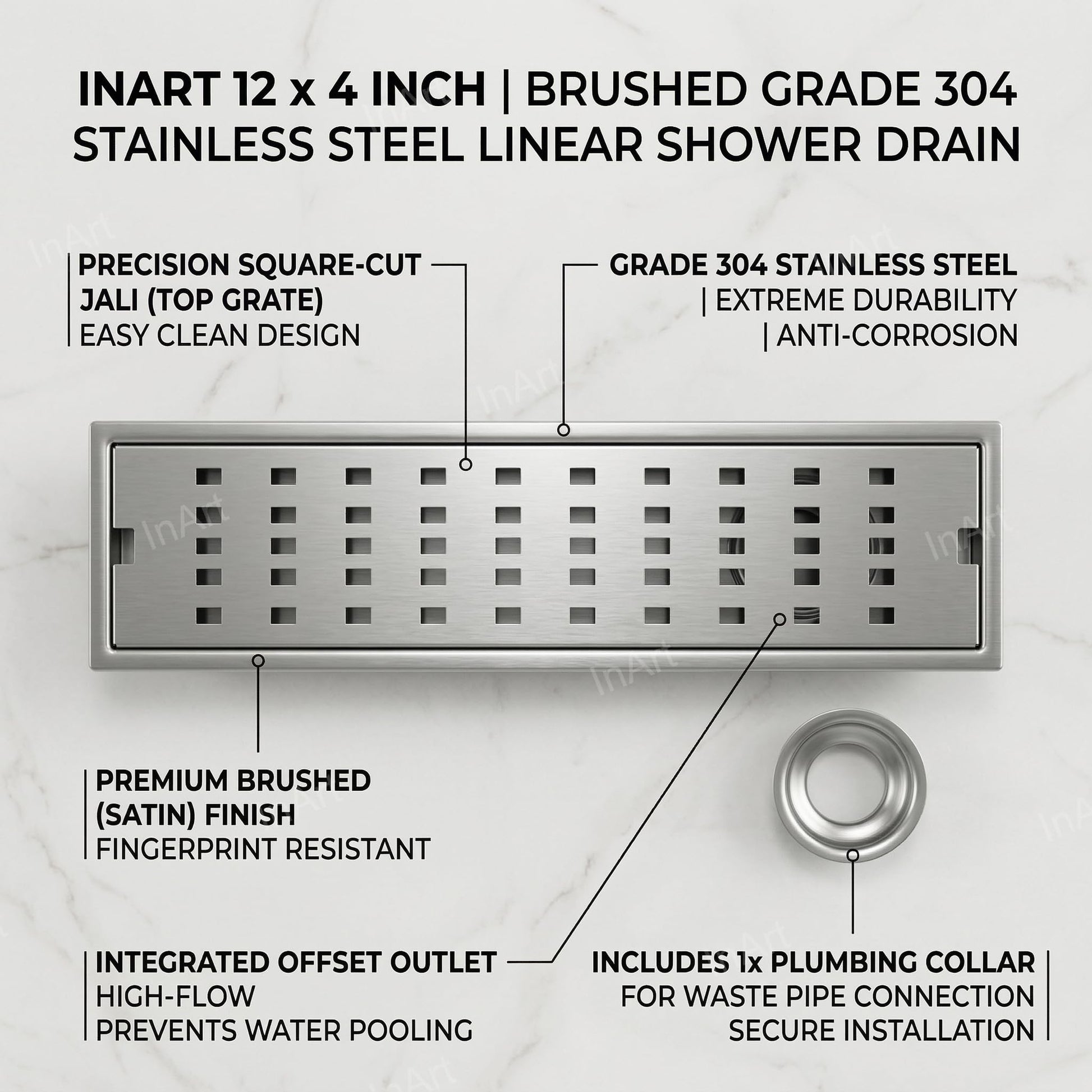InArt Brushed 304 Stainless Steel Linear Shower Drain Stainless Steel – 12" x 4", Side Outlet, additional product view 2