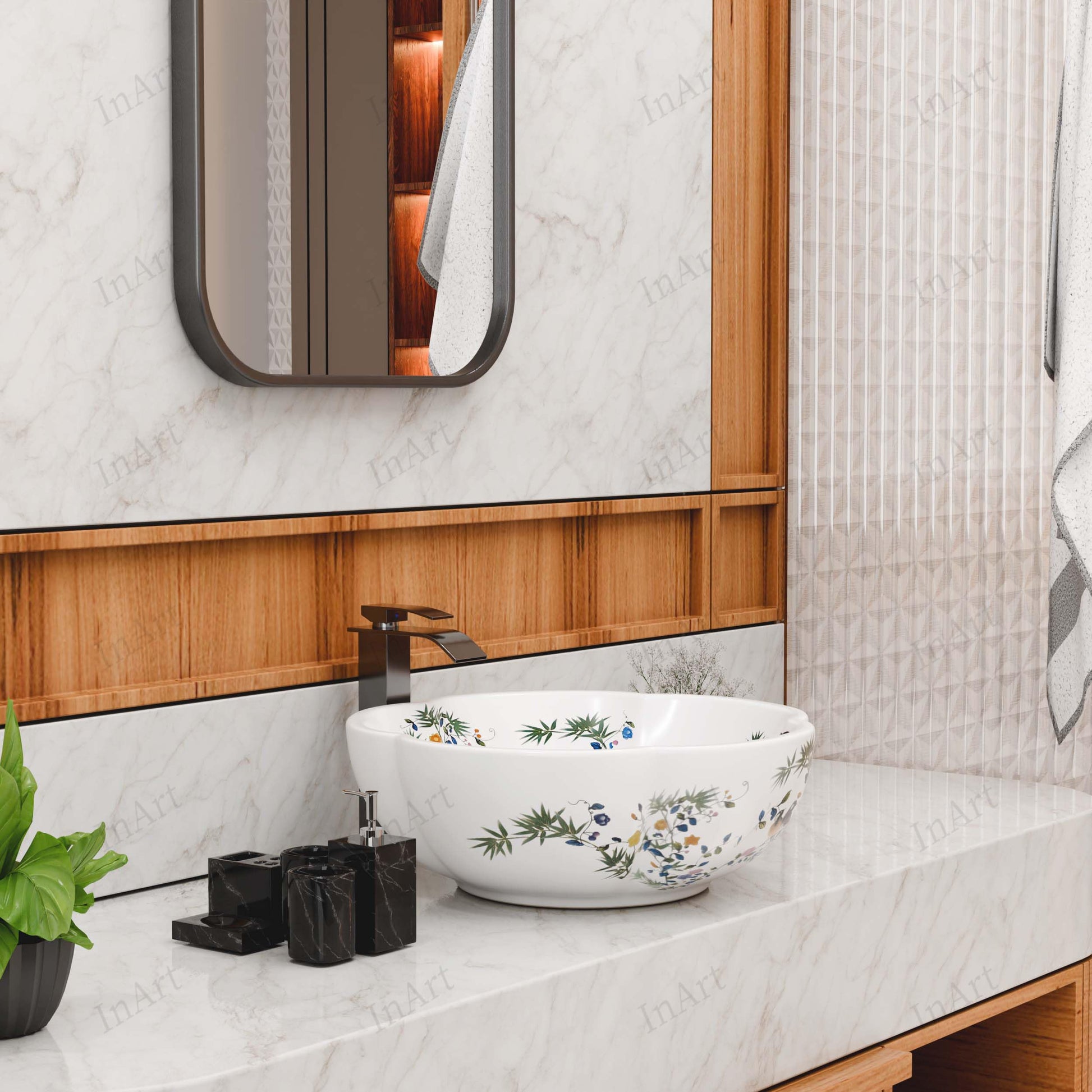 Bowl sink vanity rim detail, round ceramic vessel sink with smooth glossy white edge for above-counter install