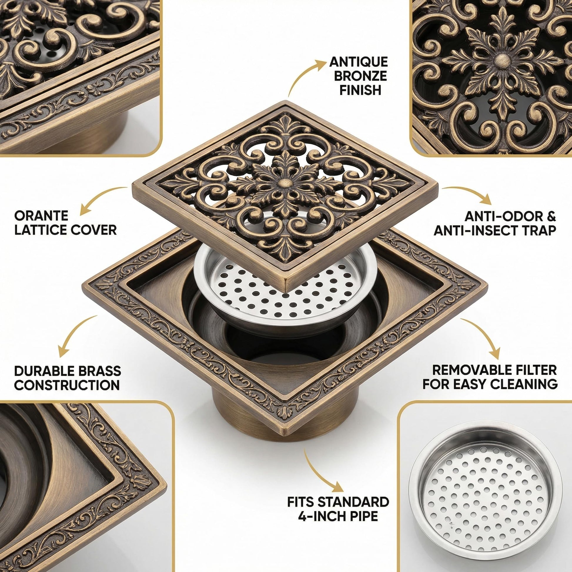 InArt 12 x 4 Inch Brass Shower Floor Drain Channel with Removable Grate, additional product view 3