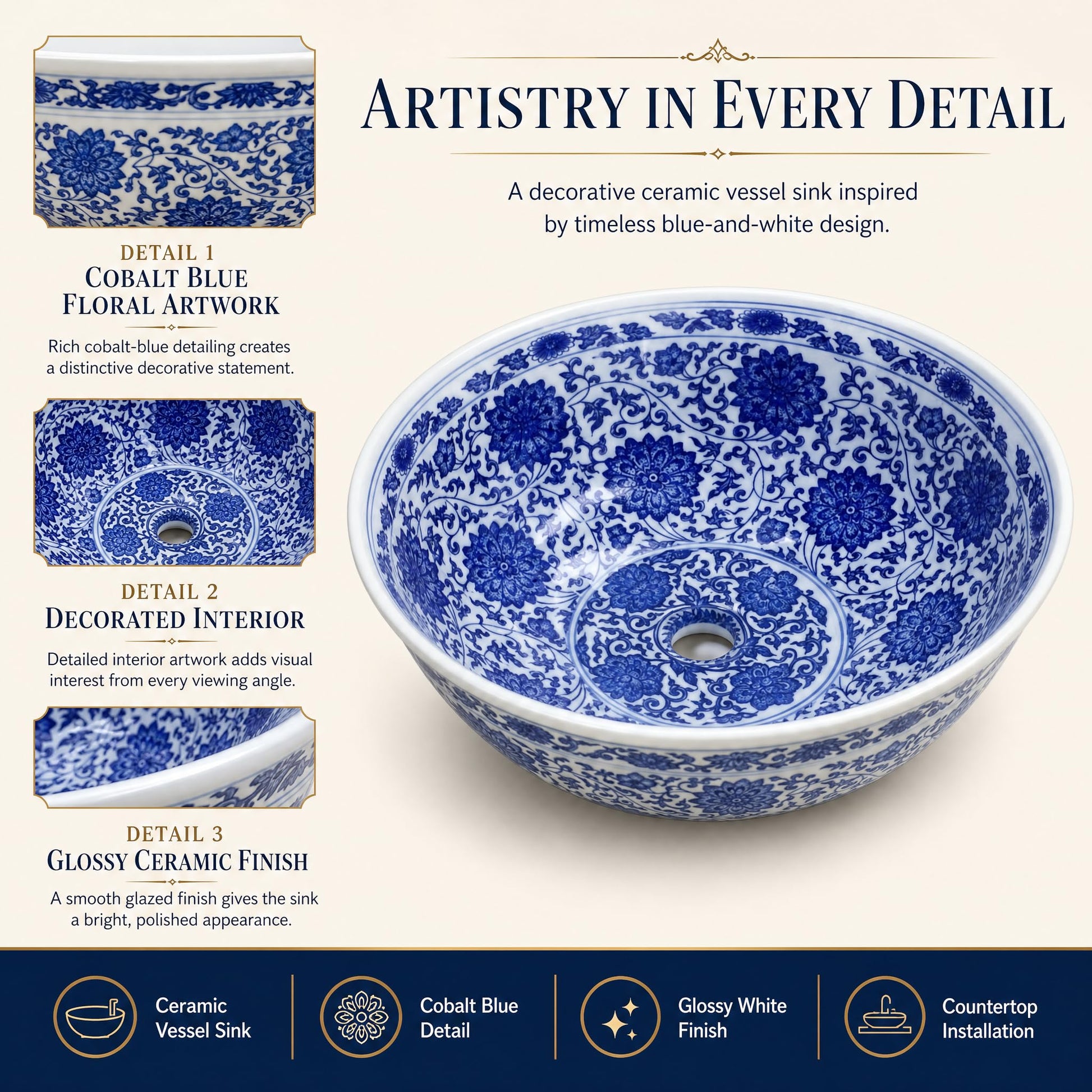 White and Cobalt Blue Round Porcelain Ceramic vessel bathroom sink, additional product view 6
