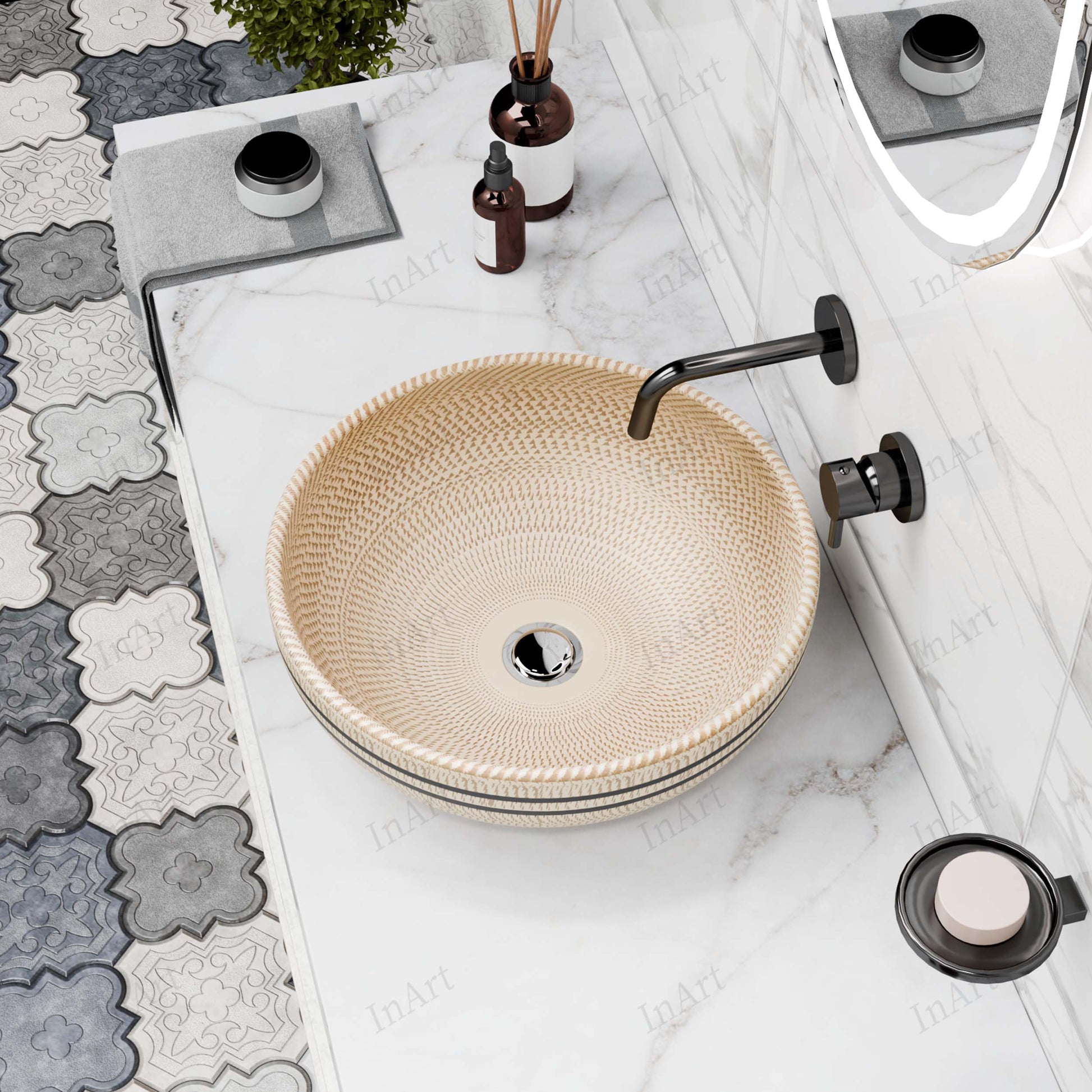 InArt Vessel Sinks for Bathroom 15.75" – Ceramic, Beige Satin, Textured Pattern, additional product view 6