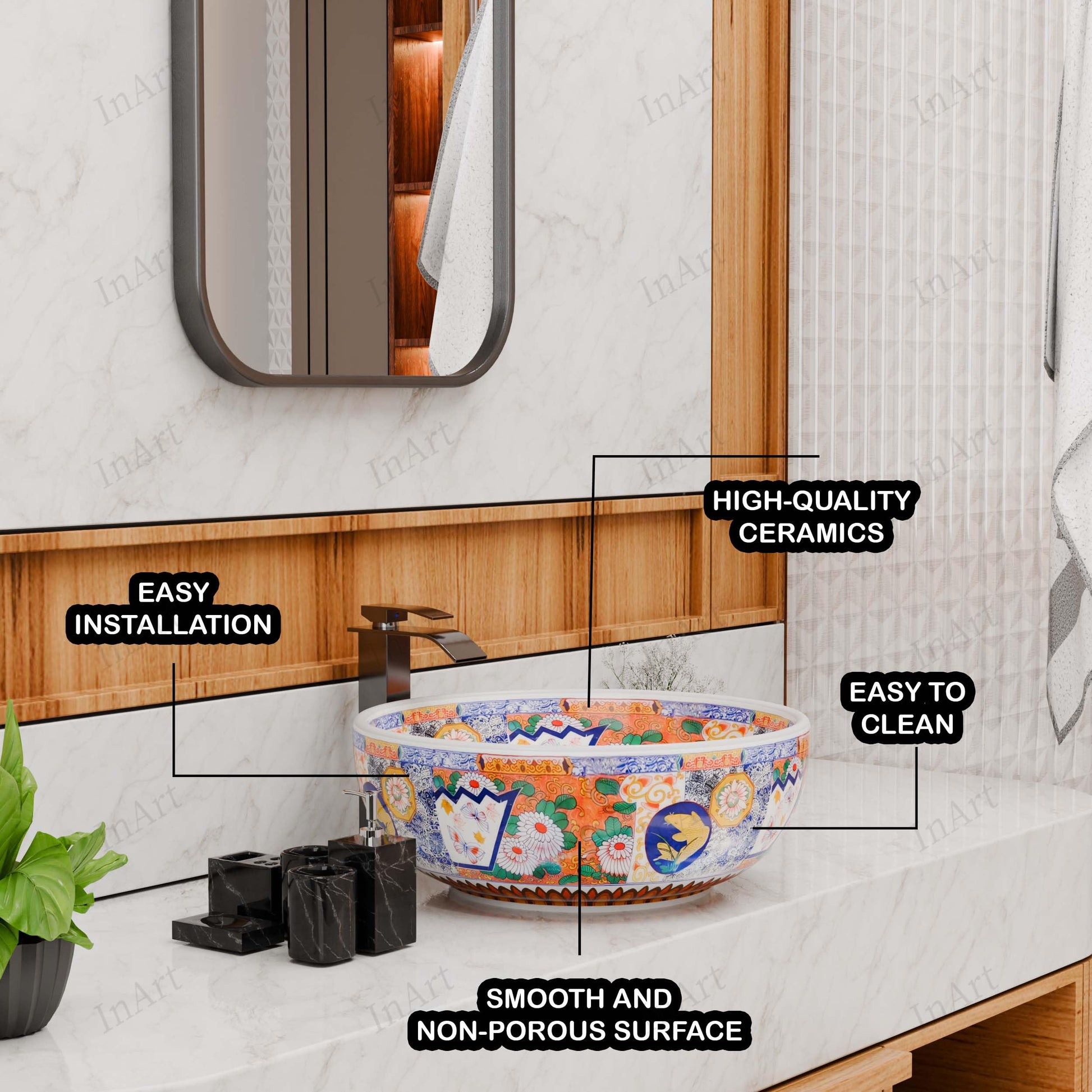 InArt Glossy White Ceramic Round Vessel Sink – Mexican Style Pattern, 16.5", additional product view 6