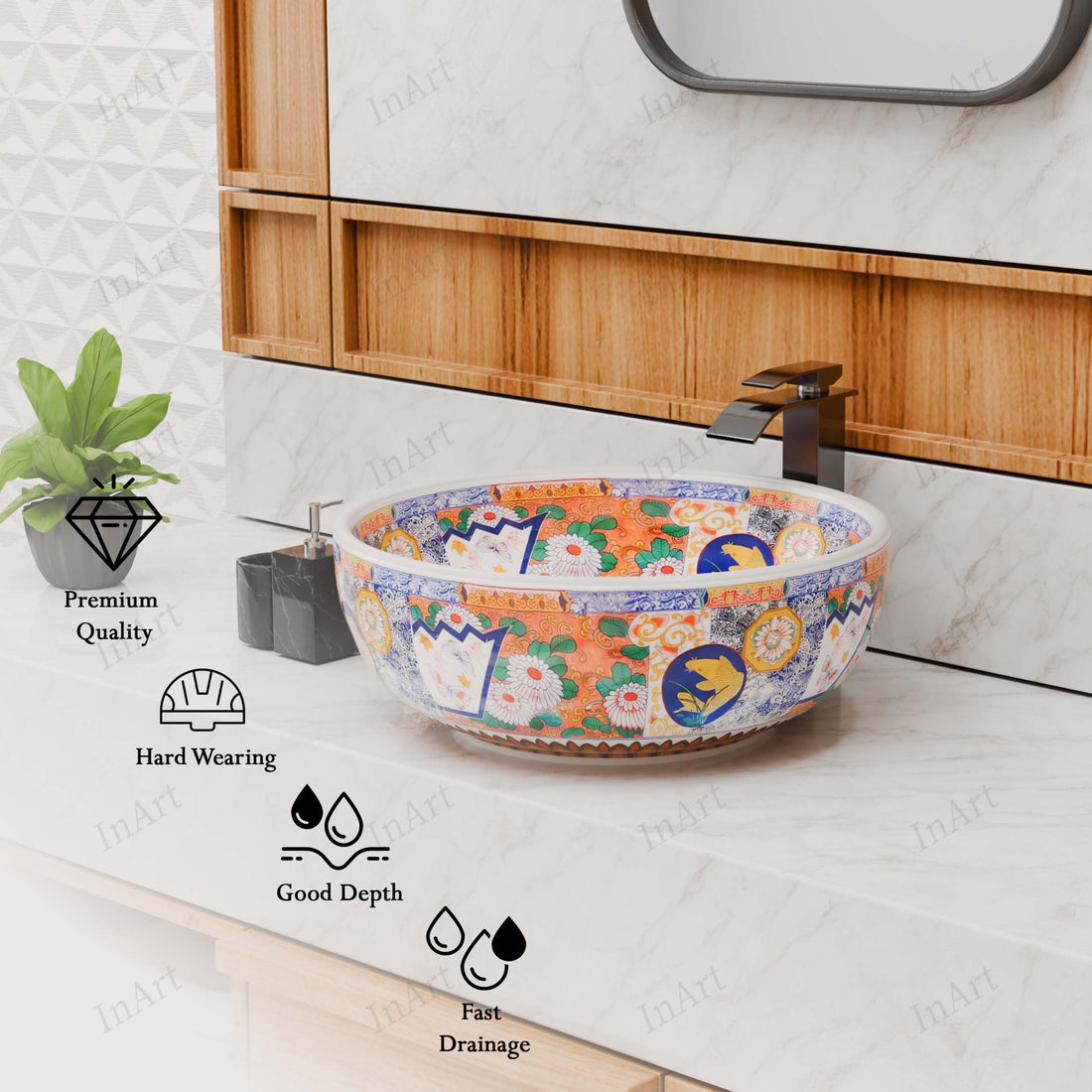 InArt Glossy White Ceramic Round Vessel Sink – Mexican Style Pattern, 16.5"