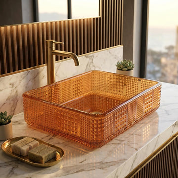 InArt Rectangular Crystal Glass Vessel Sink for Countertop Bathrooms, 18.1 Inch