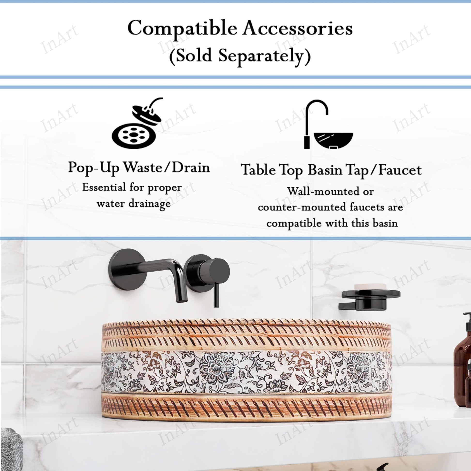 InArt Satin Patterned Ceramic Round Vessel Sink – Above Counter, 16" Moroccan Floral, additional product view 3