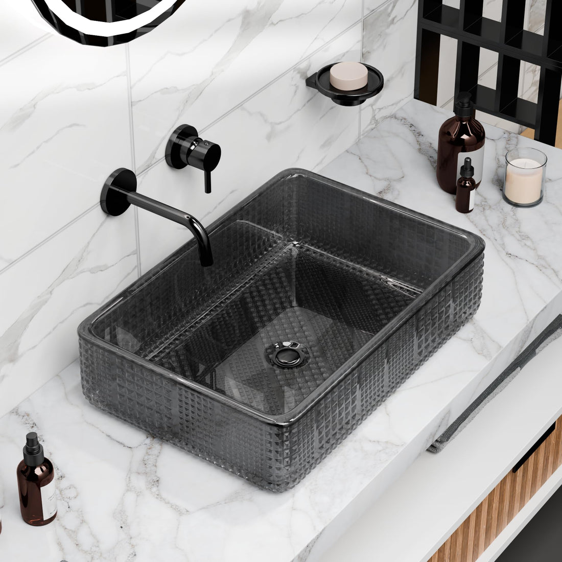 Glass vessel sinks: InArt black rectangular glass wash basin vessel sink, over counter bathroom sink