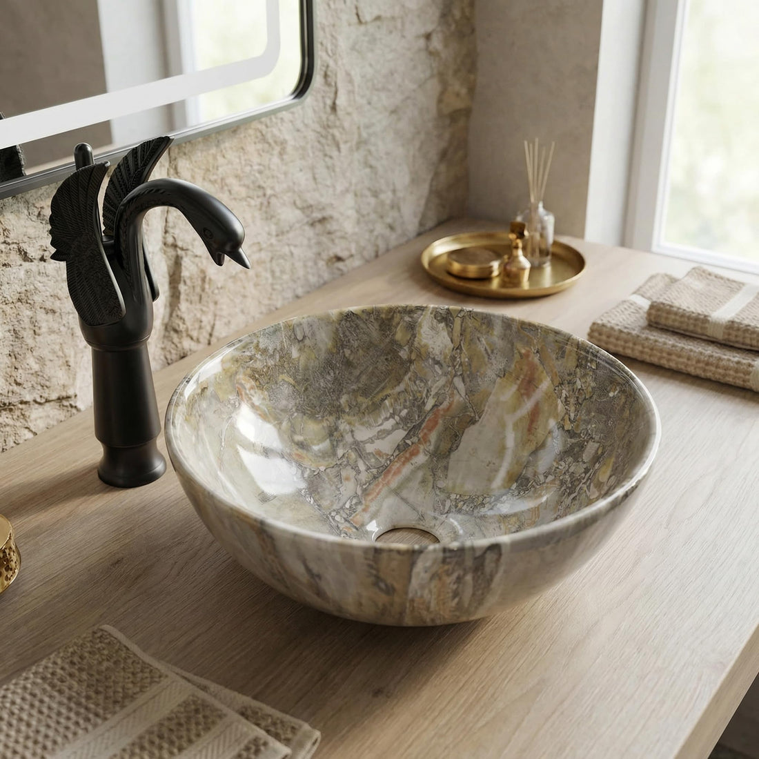 Vessel sinks for bathroom - InArt green marble glossy round ceramic vessel sink 13x13x5 above counter