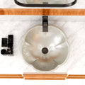 Pottery sink bowl look in silver, round ceramic vessel sink styled on modern bathroom vanity