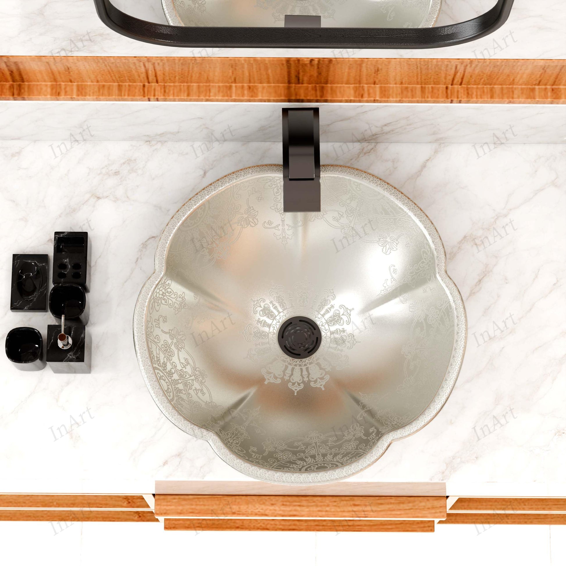 Pottery sink bowl look in silver, round ceramic vessel sink styled on modern bathroom vanity