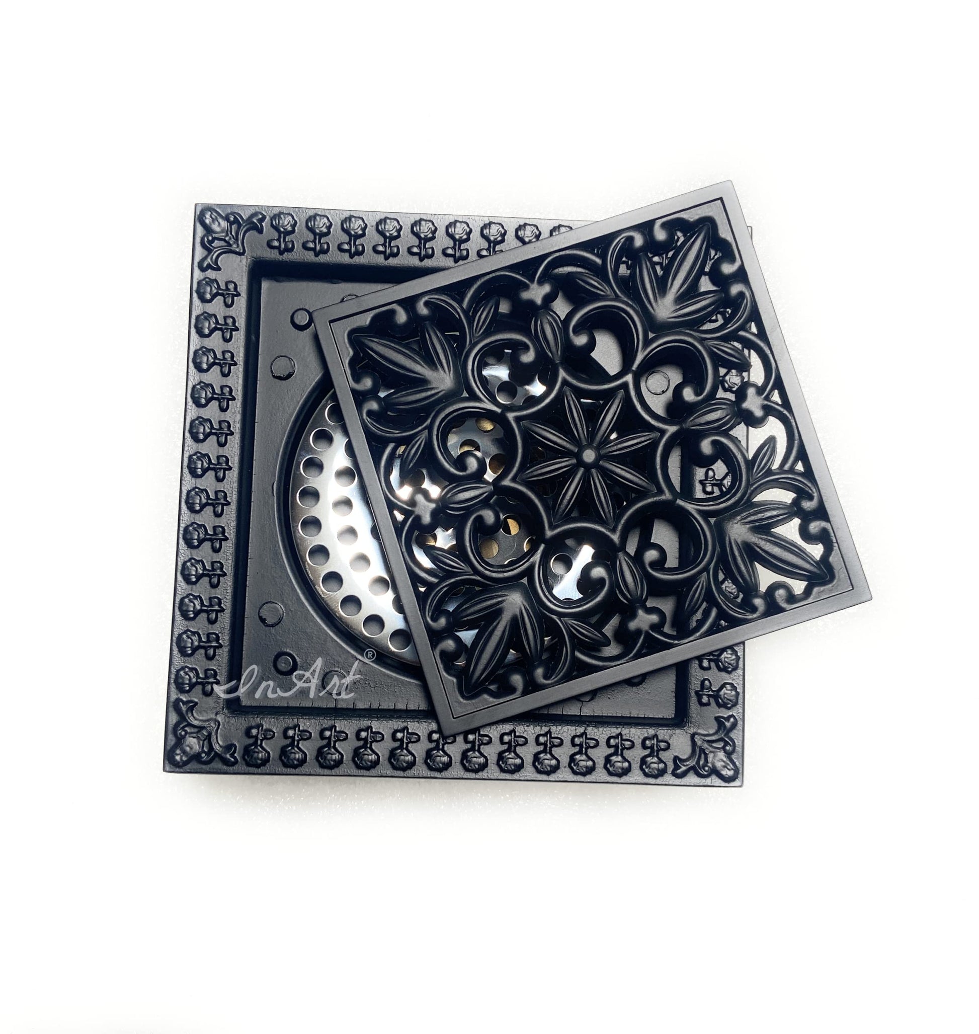 InArt 4 inch floor drain assembly with removable square grate and odor trap insert