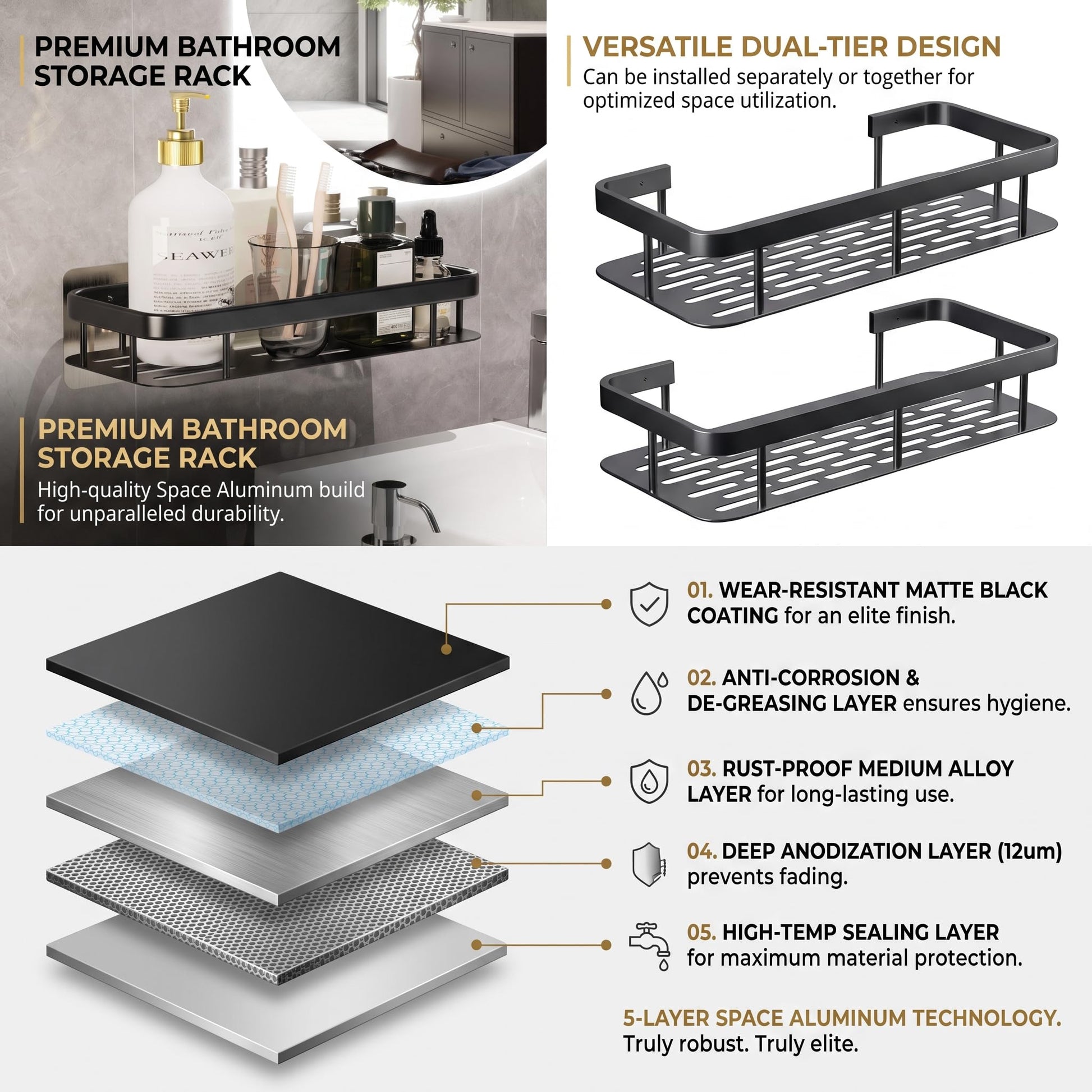 Matte black shower organizer shelf construction details
