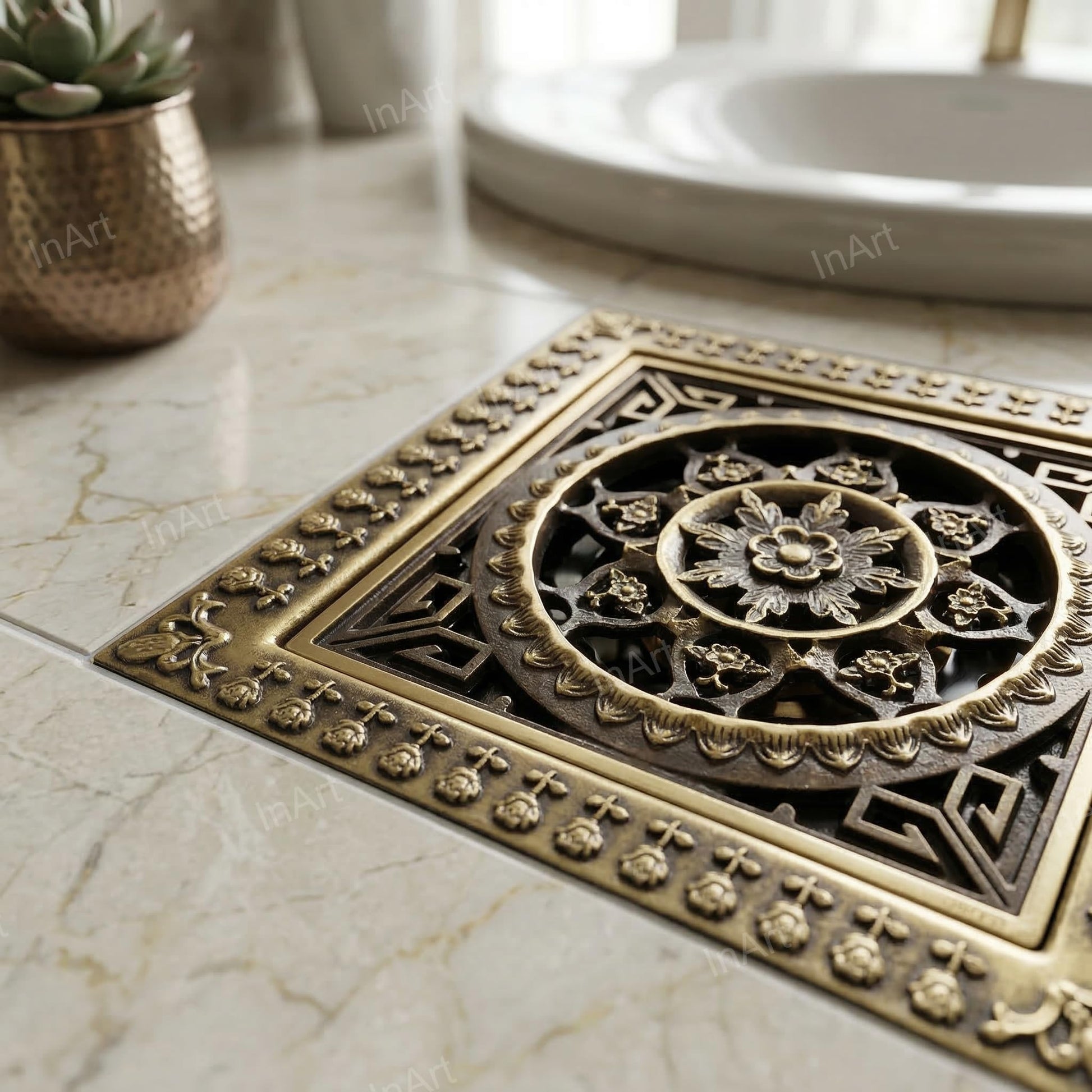 InArt 12 x 4 Inch Square Brass Bathroom Floor Drain with Strainer Grate, additional product view 5