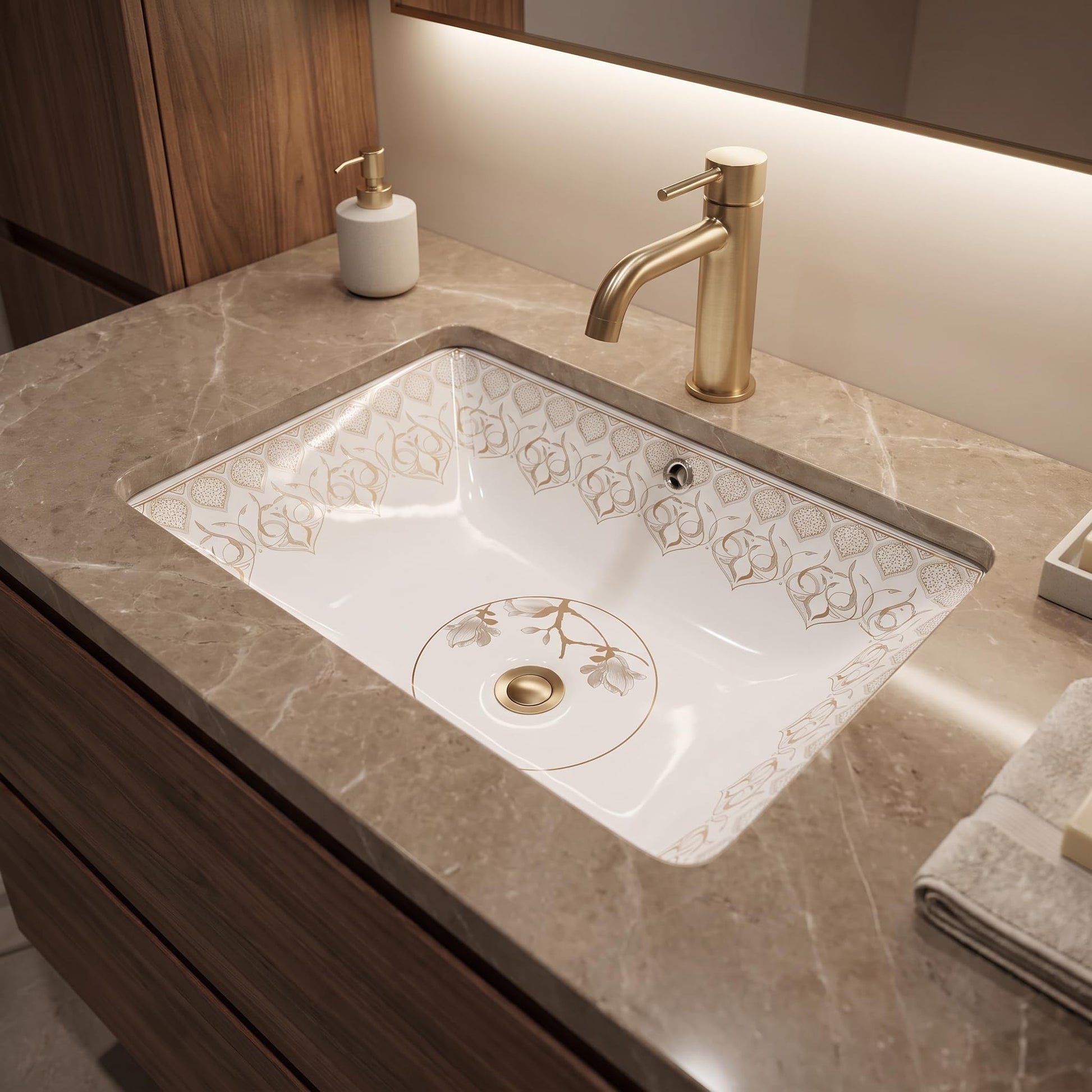 White and Gold Rectangular Ceramic undermount bathroom sink, additional product view 2