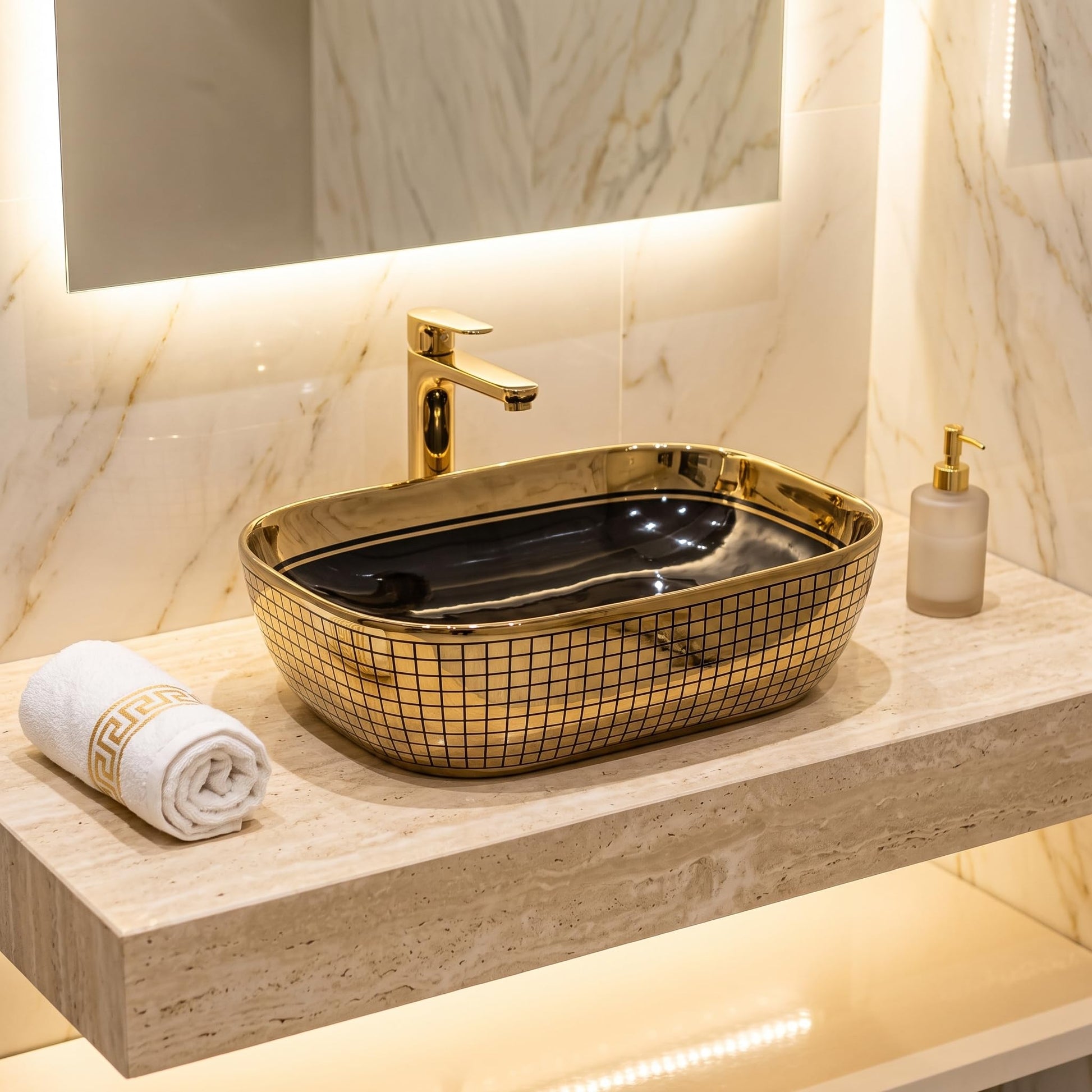 Black and Gold Rectangular Ceramic vessel bathroom sink, additional product view 2