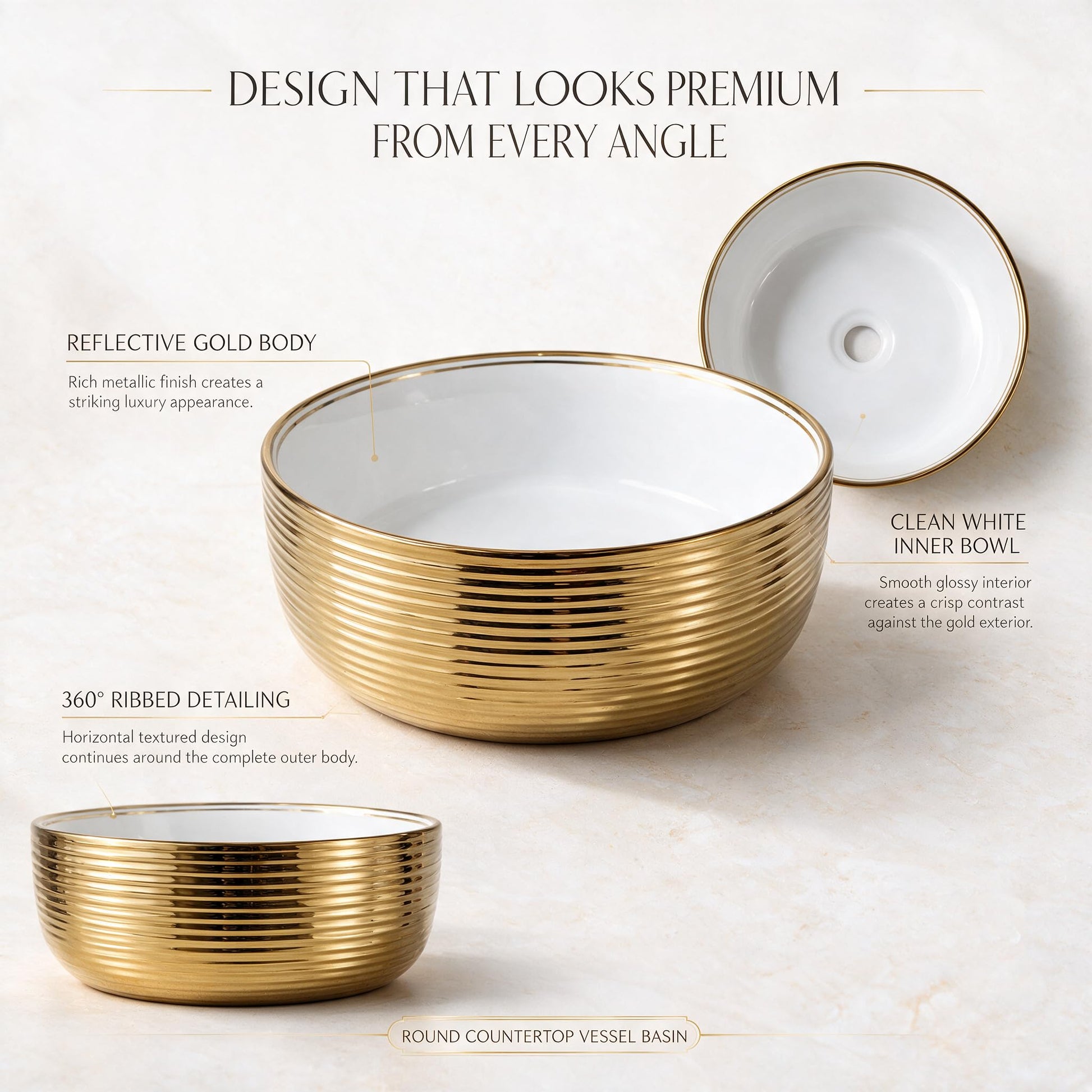 White and Gold Round Ceramic vessel bathroom sink, additional product view 6