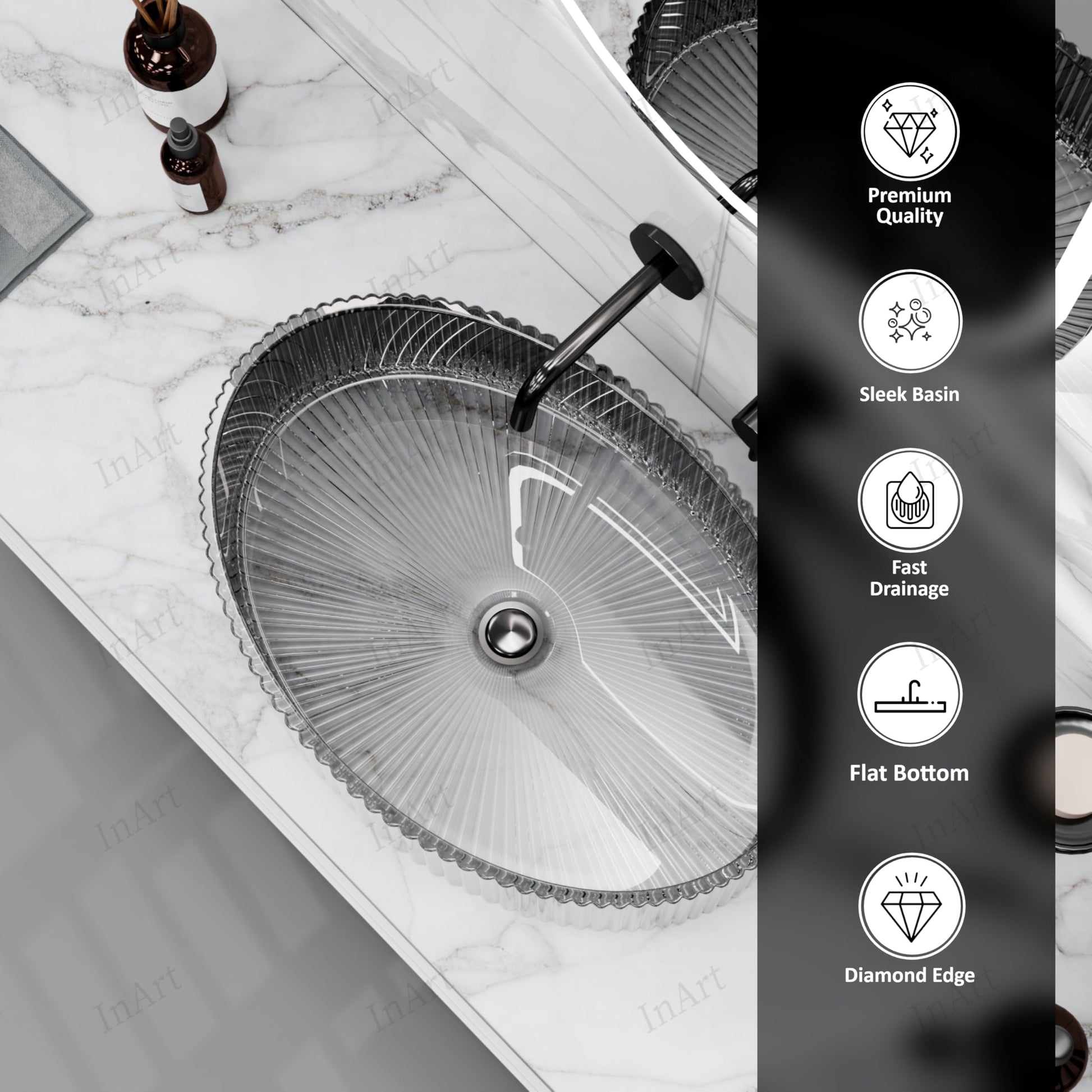 InArt Smoked Tempered Glass Oval Vessel Sink – Ribbed Texture, 19.7"x14.6", additional product view 4