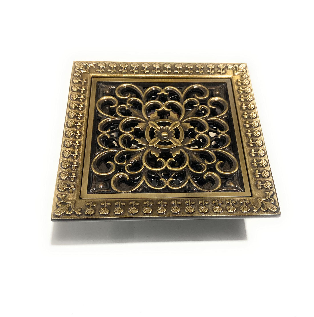 Square shower drain cover, solid brass with antique brass finish, 4 inch outlet top view